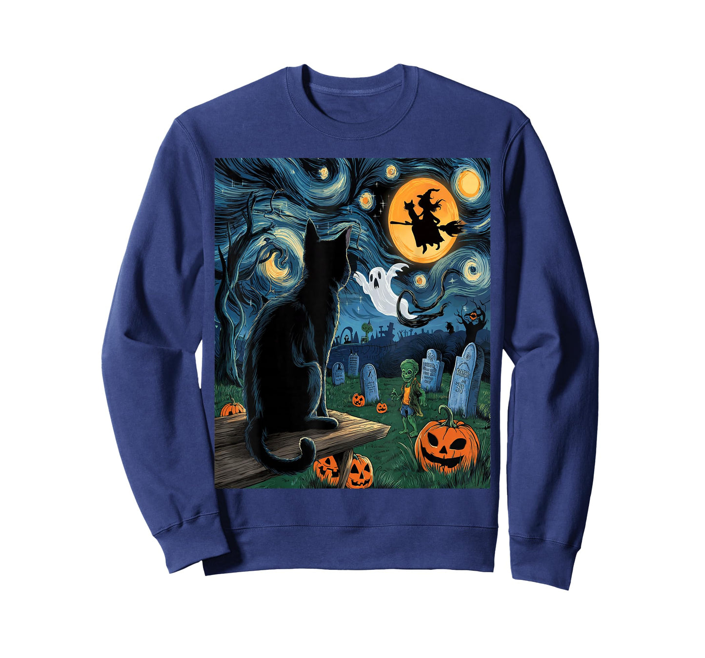 Halloween Van Gogh Starry Night Black Cat Pumpkins Witch T-Shirt
