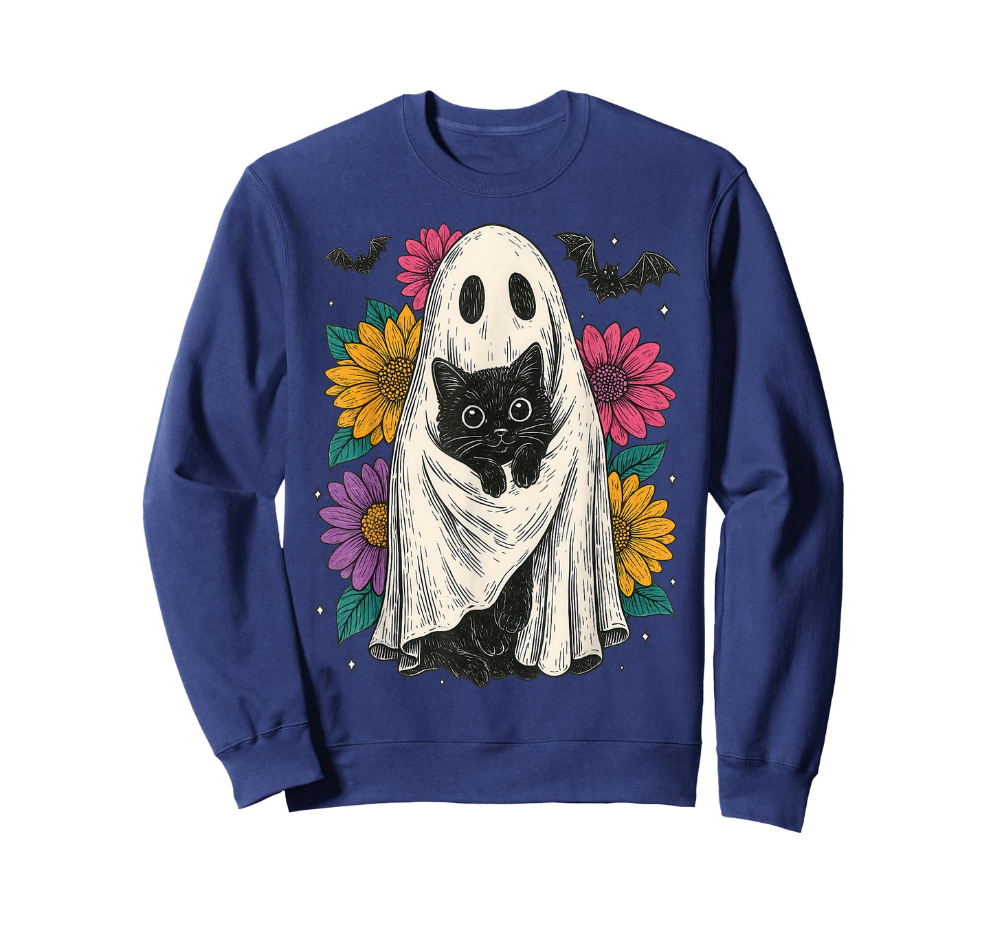 Retro Halloween Ghost and Cat Preppy Floral Halloween T-Shirt