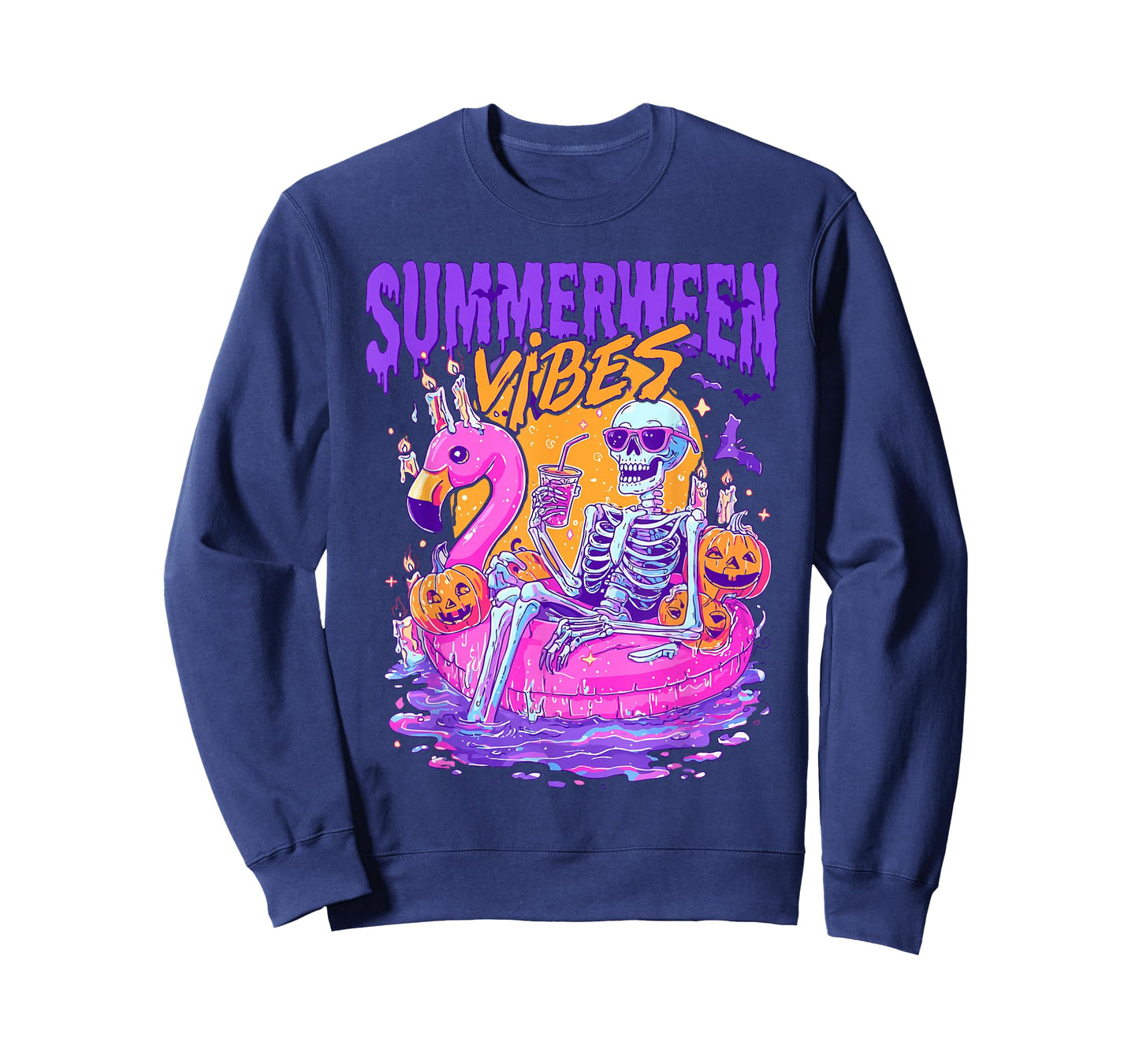 Summerween Vibes Spooky Skeleton Flamingo Pool Halloween T-Shirt