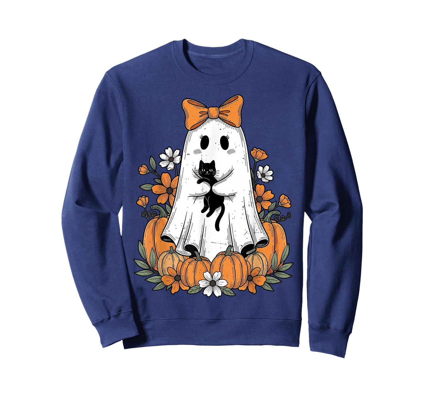 Retro Halloween Cute Ghost Holding Black Cat Floral Pumpkin T-Shirt