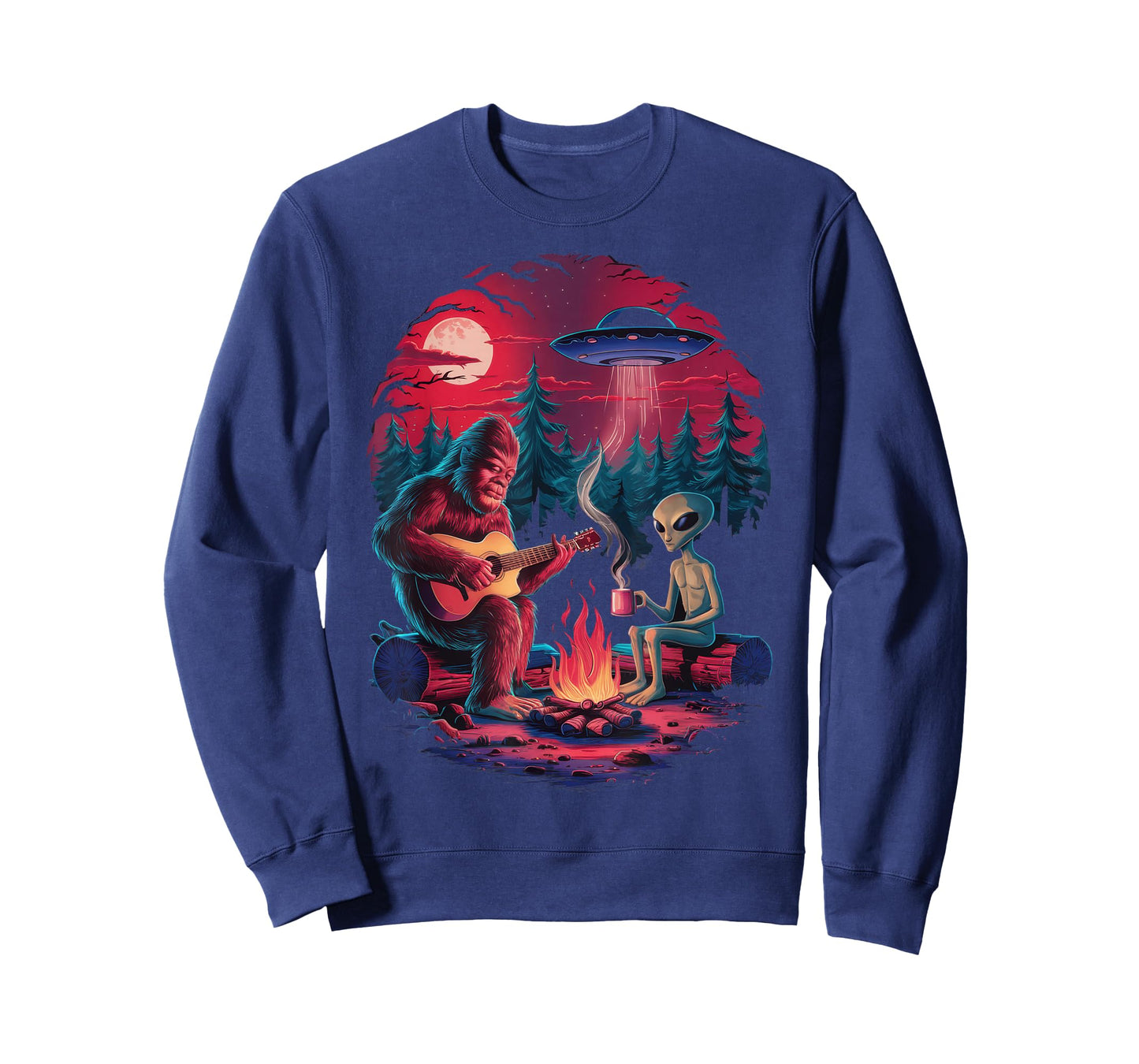 Funny Alien and Bigfoot Campfire Moon UFO Adventure Hiking T-Shirt