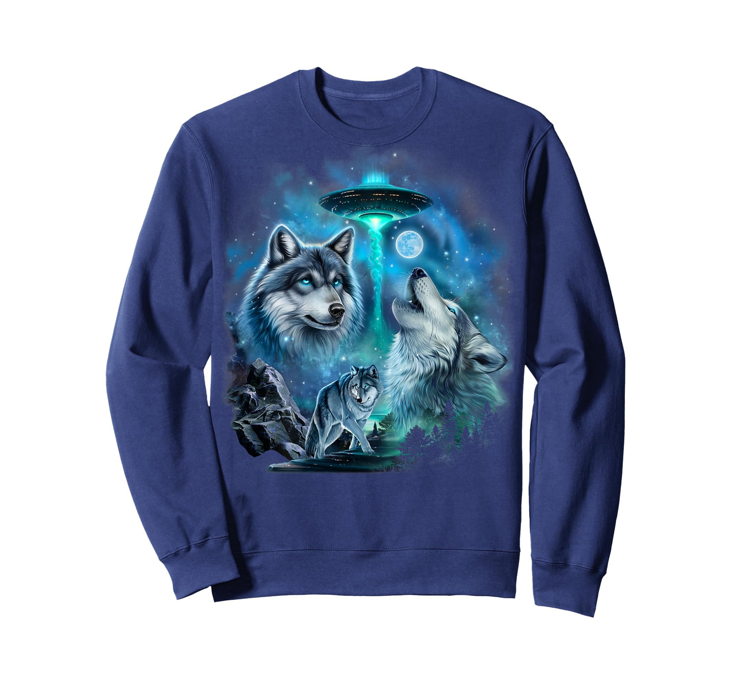 Alien Wolf Howling Moon UFO Galaxy Forest Night Art T-Shirt