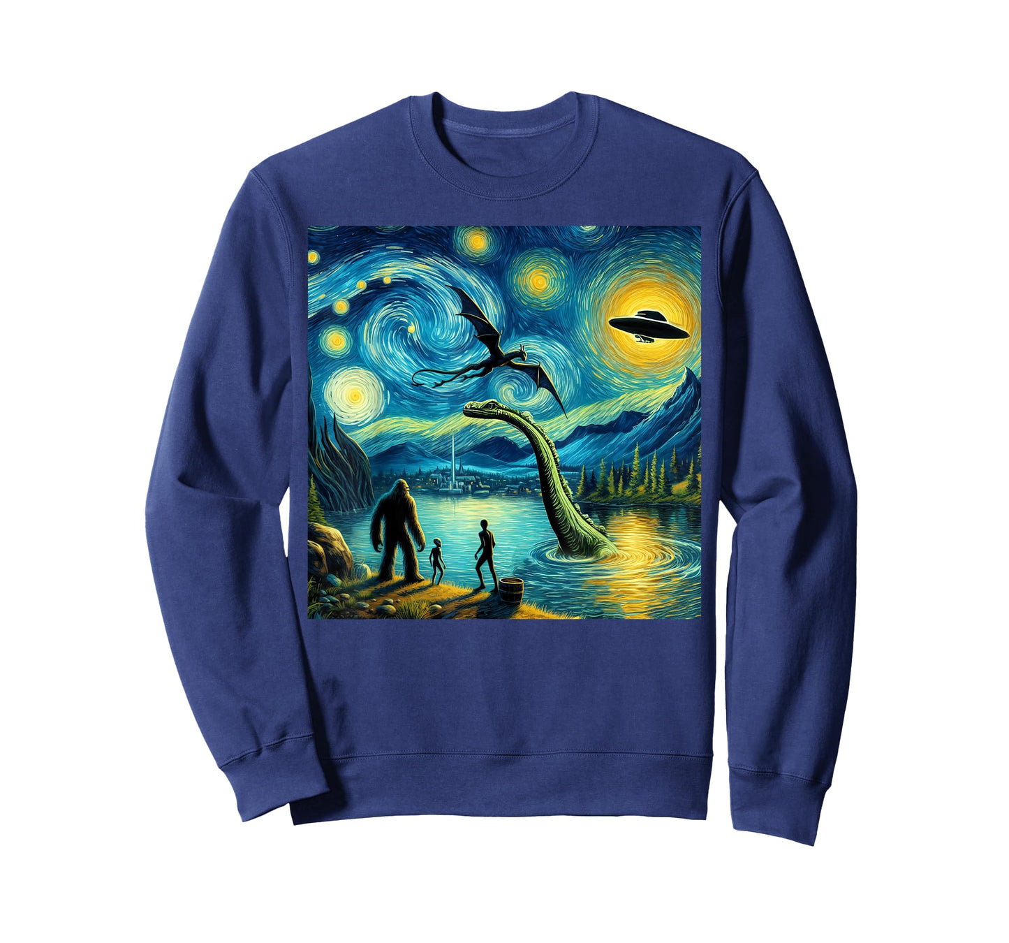 bigfoot starry night loch Ness alien UFO dragon cute lake T-Shirt
