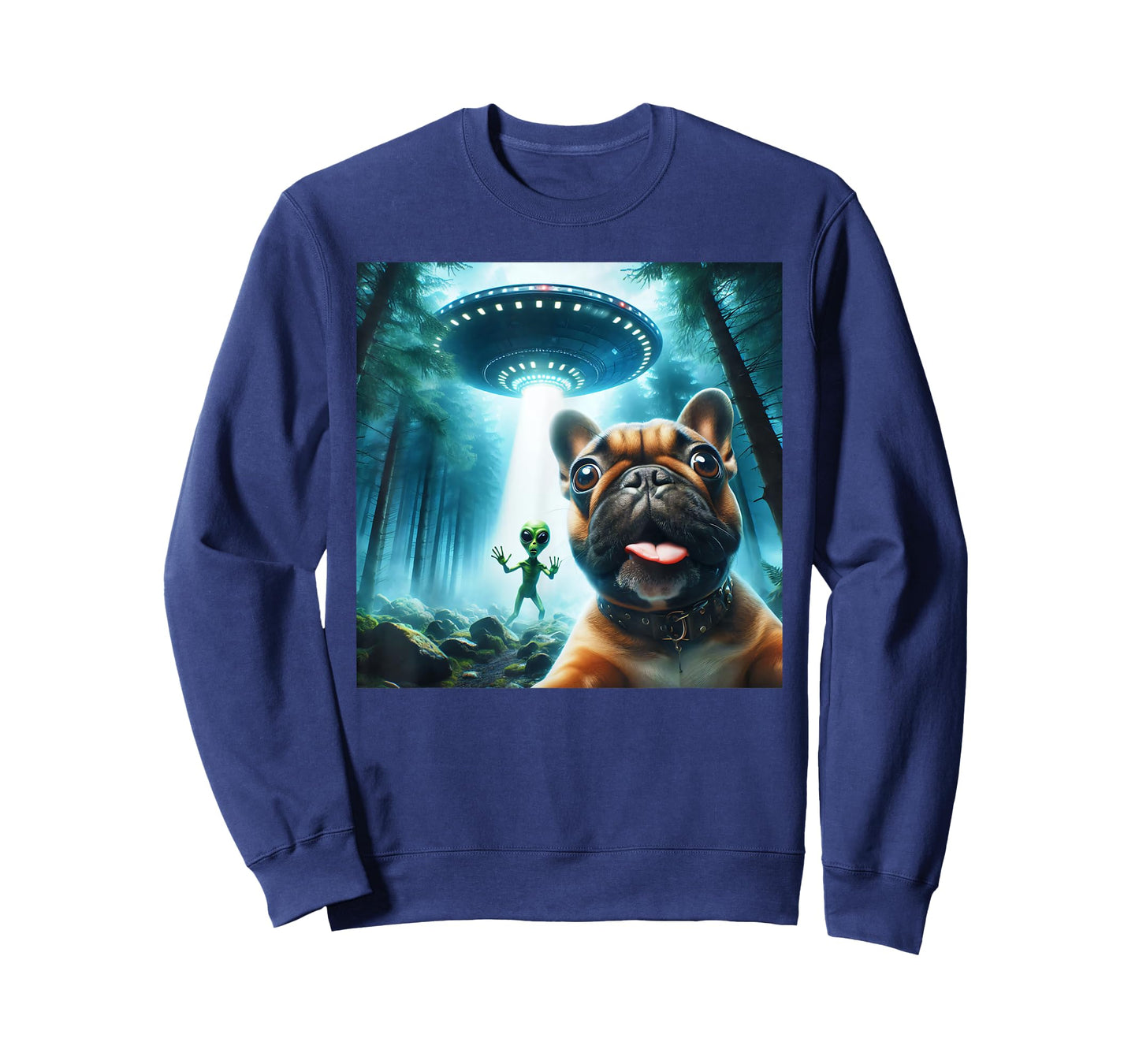 French bulldog selfie with alien UFO cool alien art T-Shirt