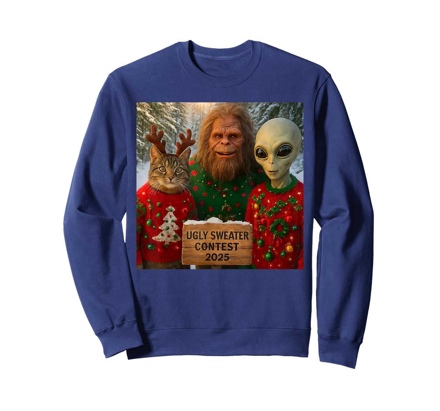 Funny Christmas Cat Selfie with Bigfoot Alien Ugly Sweater T-Shirt