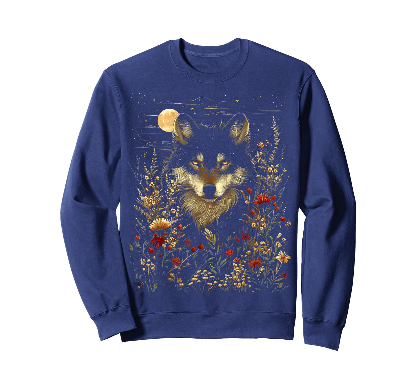 Black Wolf Full Moon Boho Floral Mystical Graphic Women T-Shirt