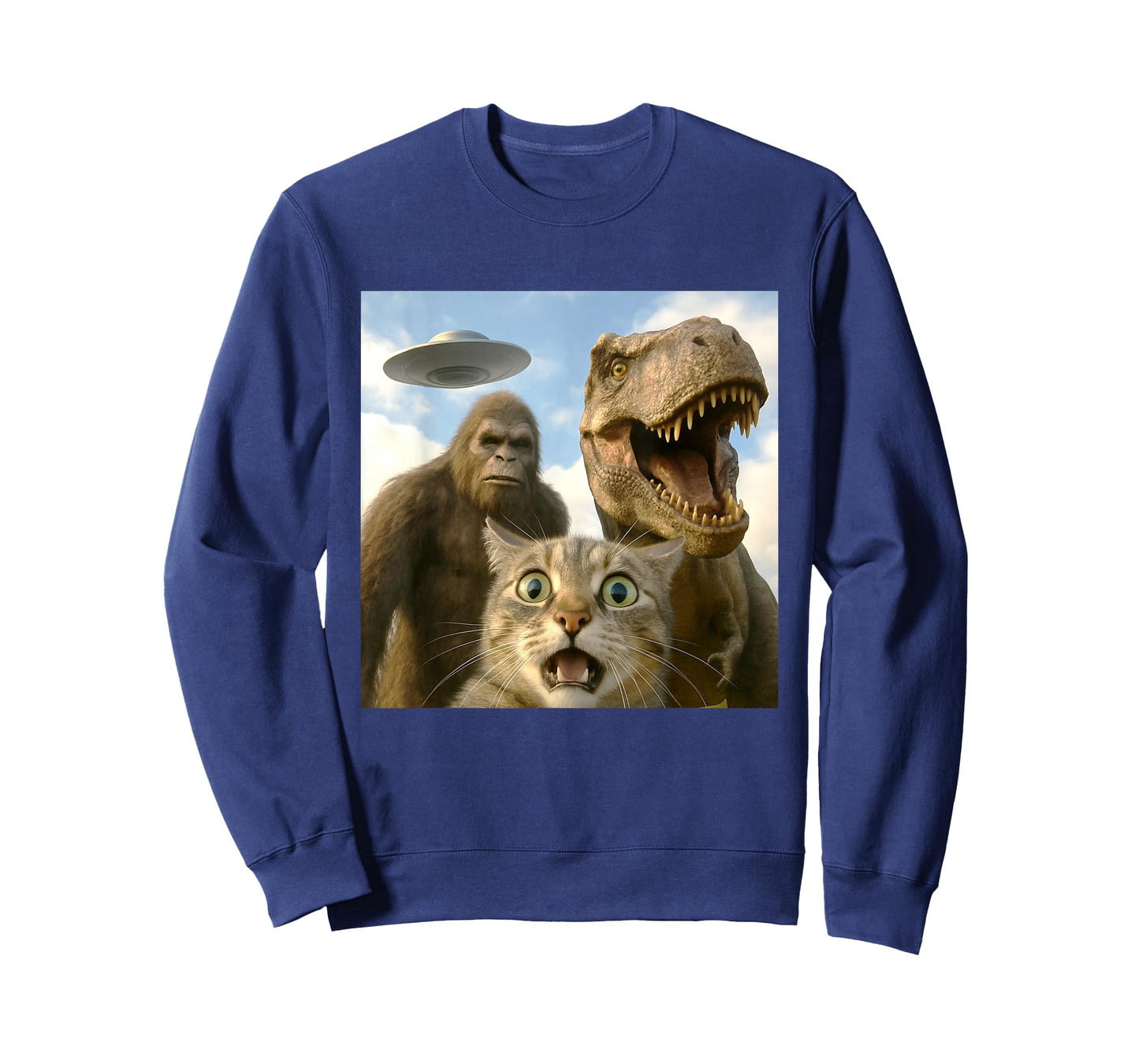 Funny Cat Selfie with Bigfoot Dinosaur UFO for Men Women T-Shirt
