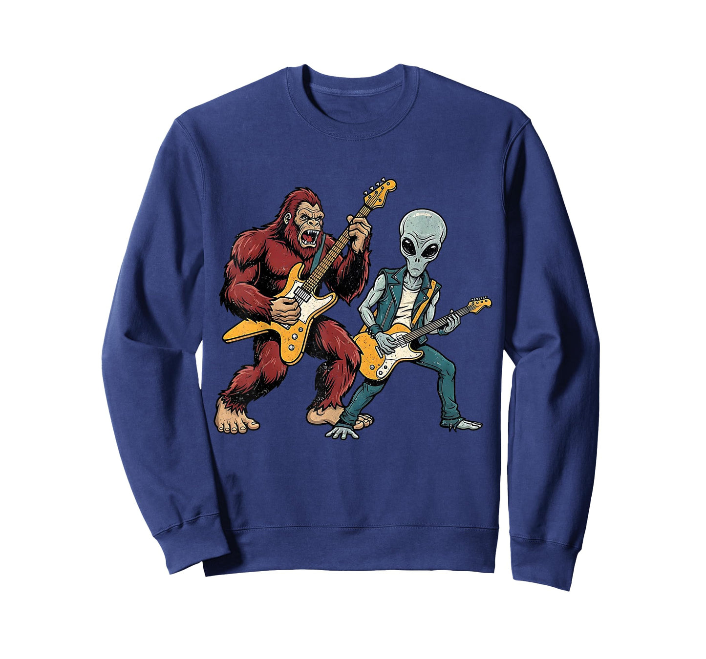 Funny Bigfoot and Alien Playing Guitar Rock Music Musicians T-Shirt