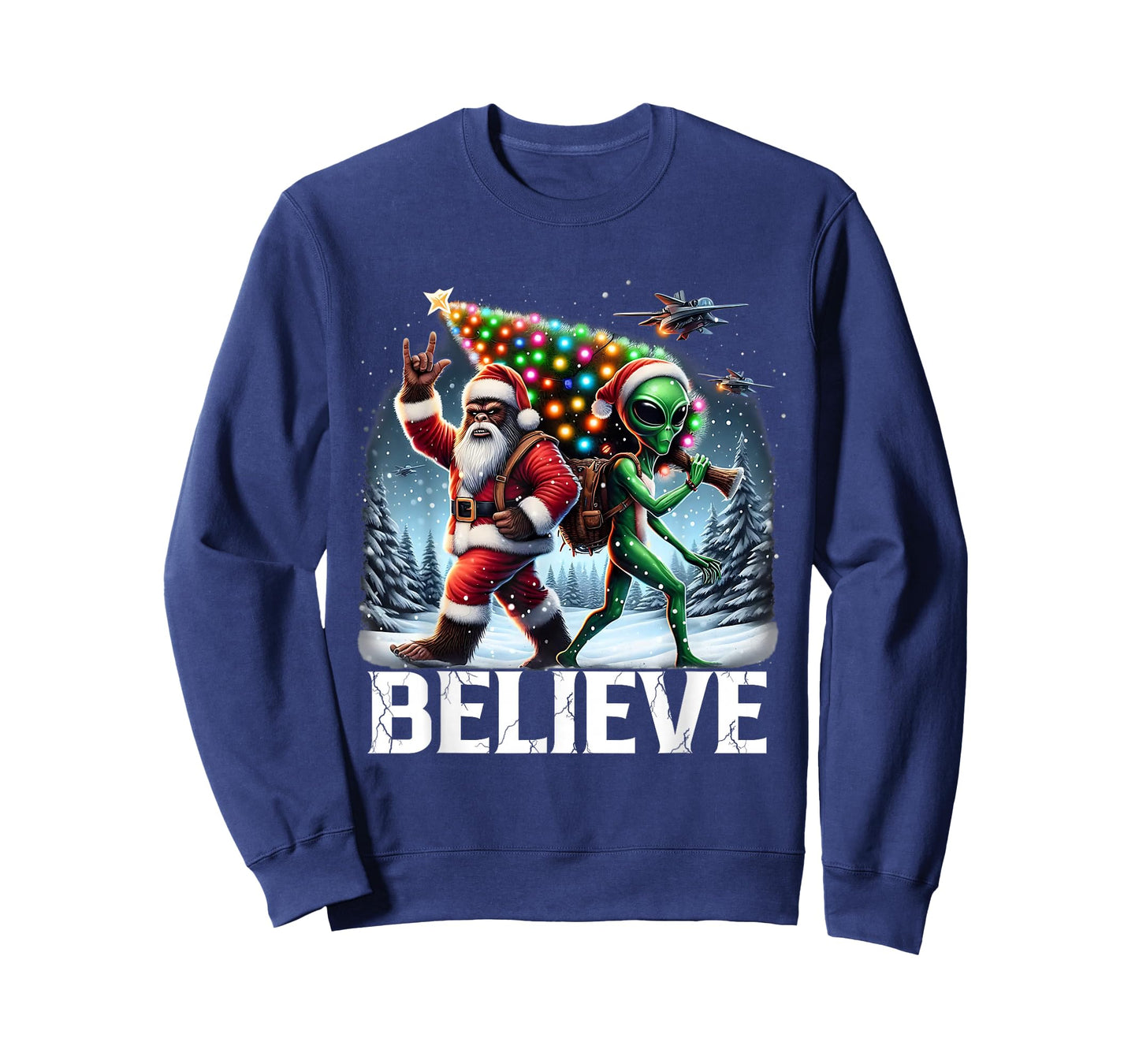 Believe Funny Alien and Bigfoot Christmas Design T-Shirt