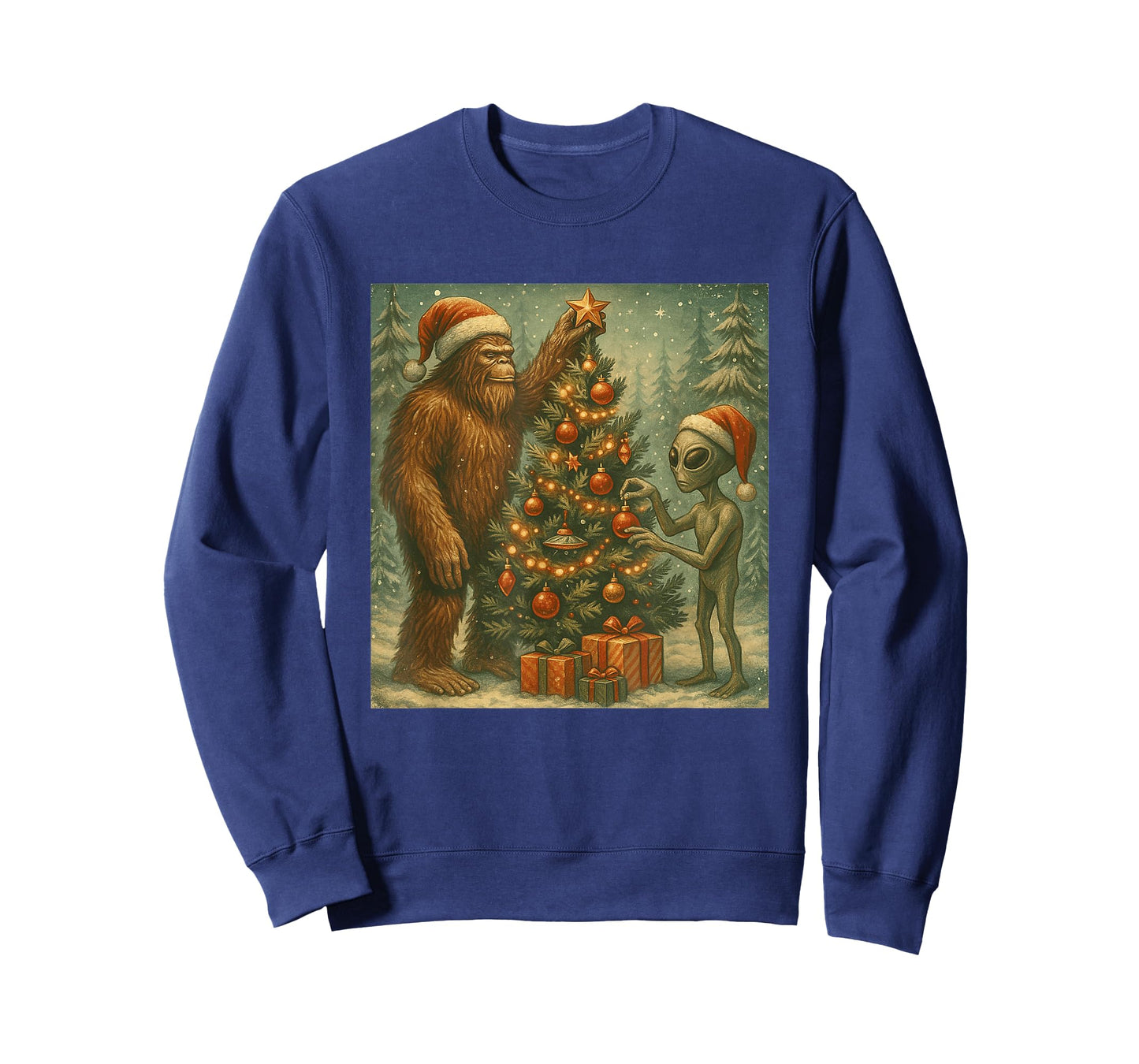 Alien and Bigfoot Decorating Christmas Tree Sasquatch Retro T-Shirt