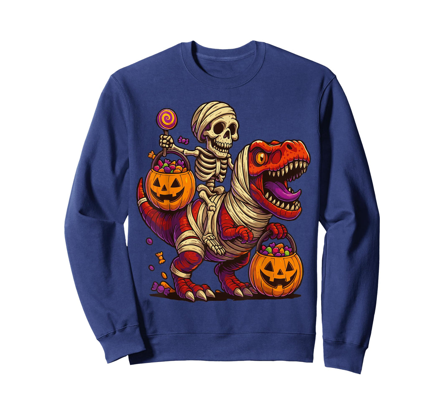 Skeleton Riding Mummy Dinosaur T rex Halloween Funny Pumpkin T-Shirt