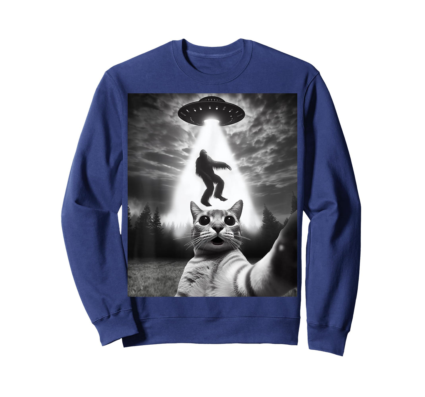 Funny Cat Selfie Flying Alien UFO Abducting Bigfoot Cryptid T-Shirt
