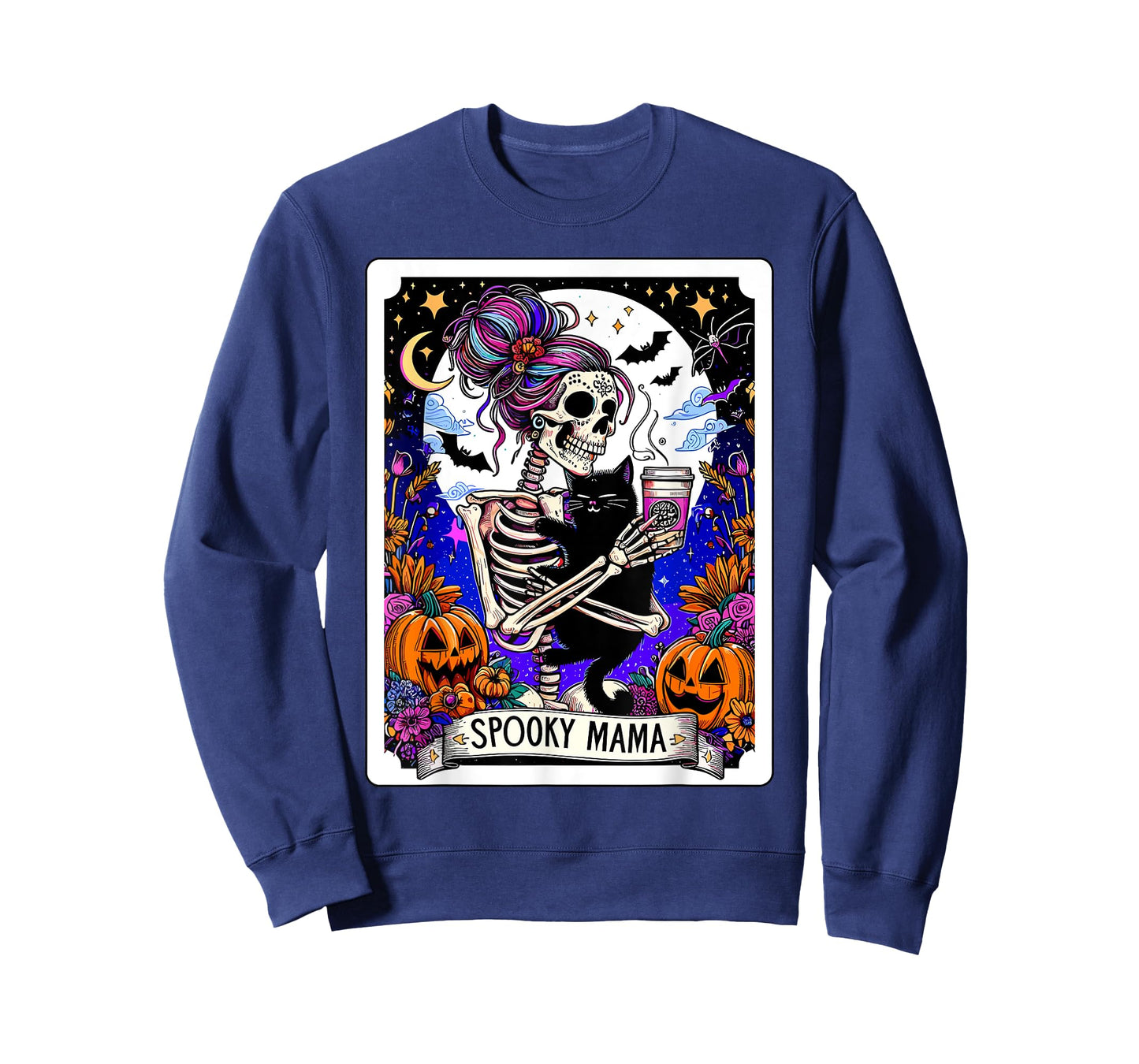 Spooky Mama Tarot Card Halloween Mom Skull Mama Black Cat T-Shirt for Men Women Kids