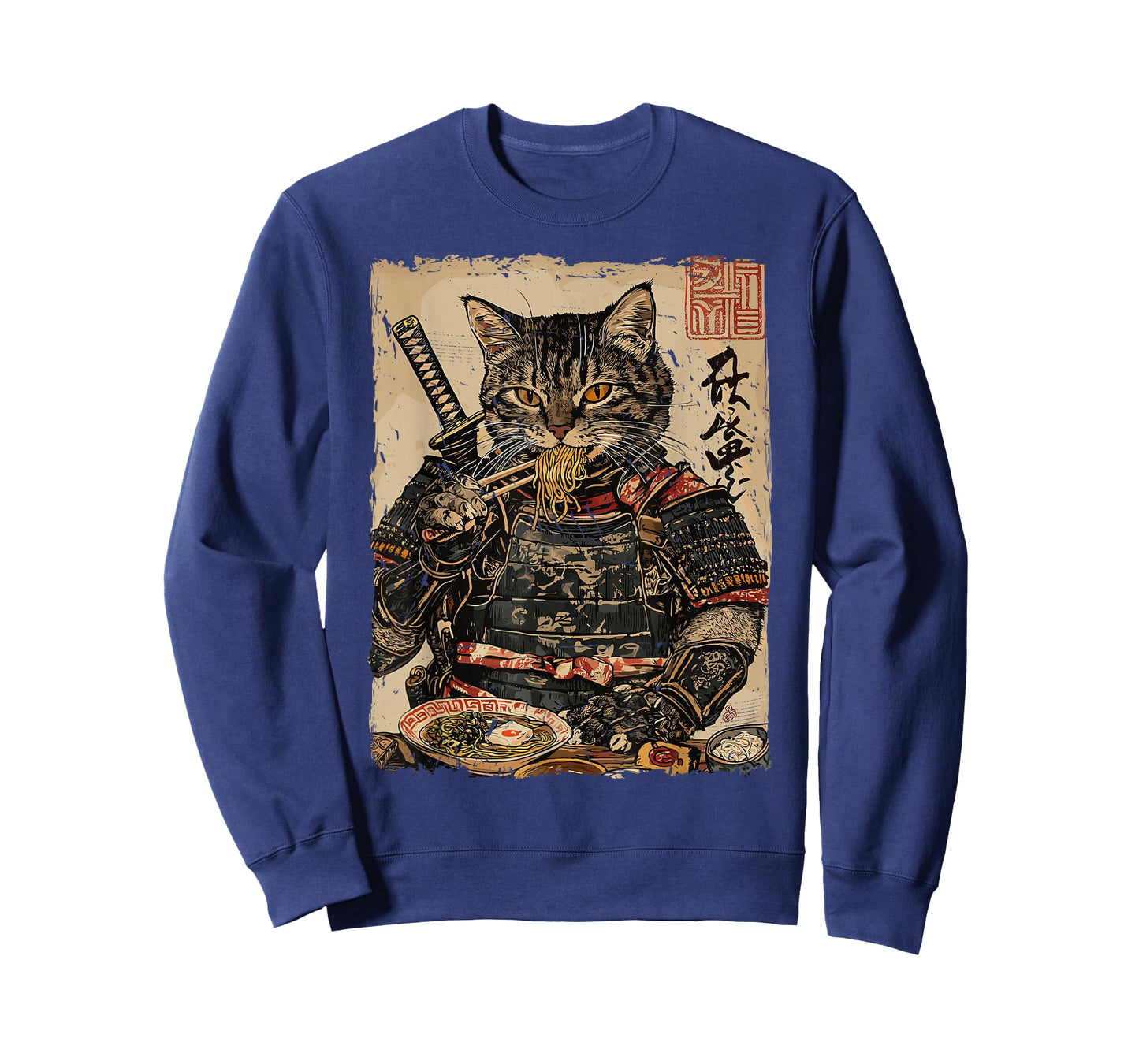 Samurai Cat Loves Ramen Funny Anime Japanese Artwork Samurai T-Shirt