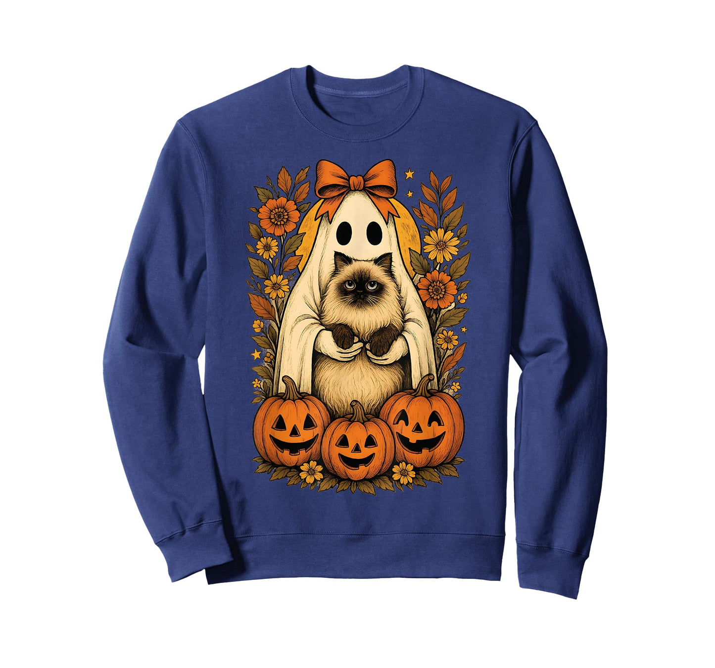 Vintage Ghost Holding Himalayan Cat with Pumpkins Halloween T-Shirt