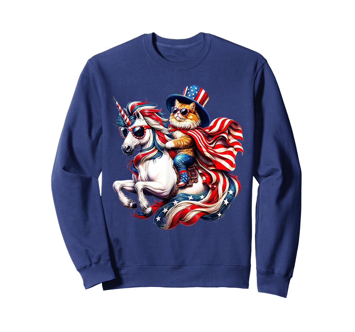 Cat Riding Unicorn USA Flag Patriotic 4th of July T-Shirt