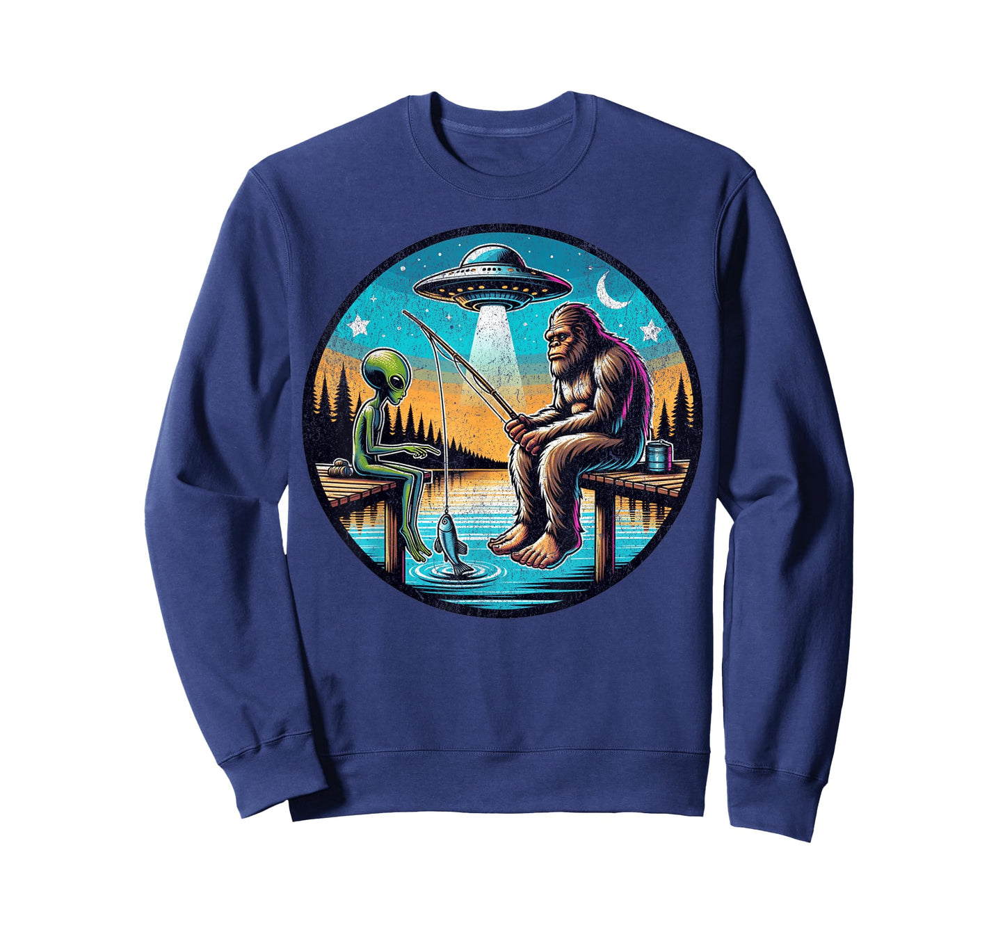 Funny Bigfoot And Alien Fishing. Bigfoot And Alien UFO T-Shirt