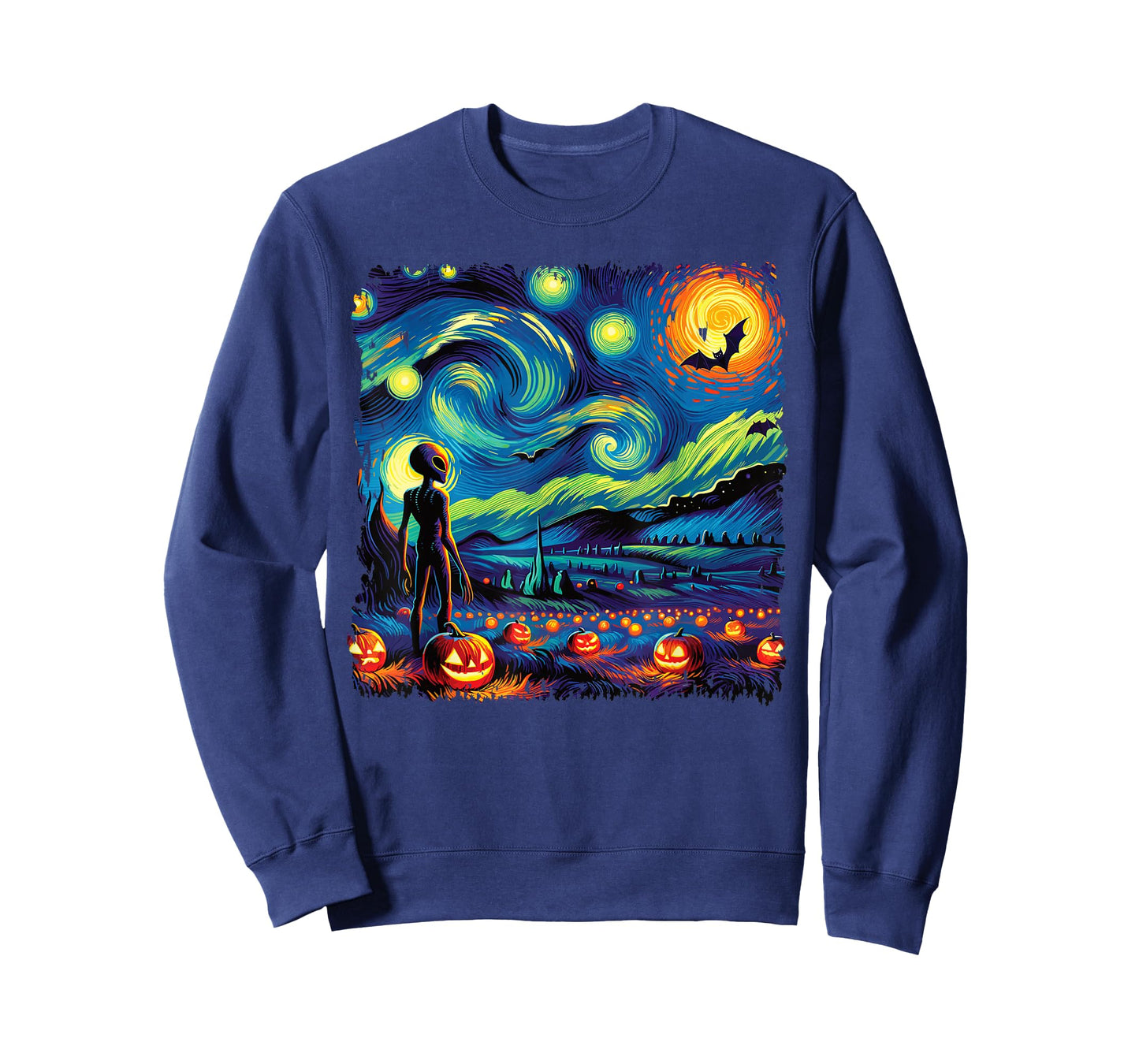 Van Gogh Starry Night Alien Man Halloween Fall Pumpkin Bats T-Shirt