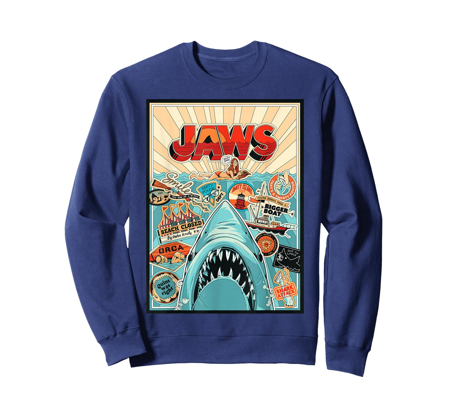 Jaws 50th Anniversary Poster Amity Sticker Collage 2-Sided T-Shirt