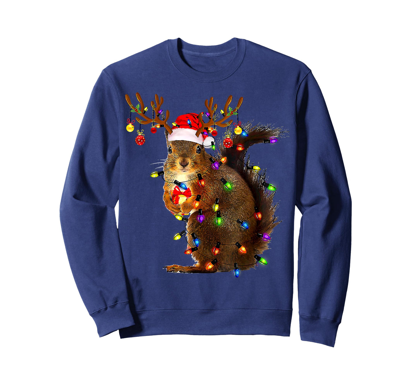 Funny Squirrel Christmas Tree Lights Reindeer Santa Hat Xmas T-Shirt