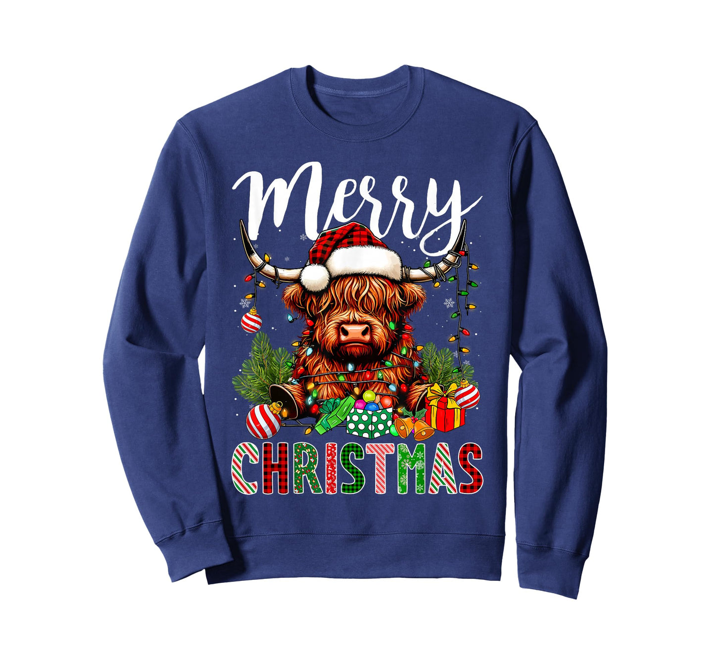 Merry Christmas Pajamas Highland Cow Christmas Tree Lights T-Shirt