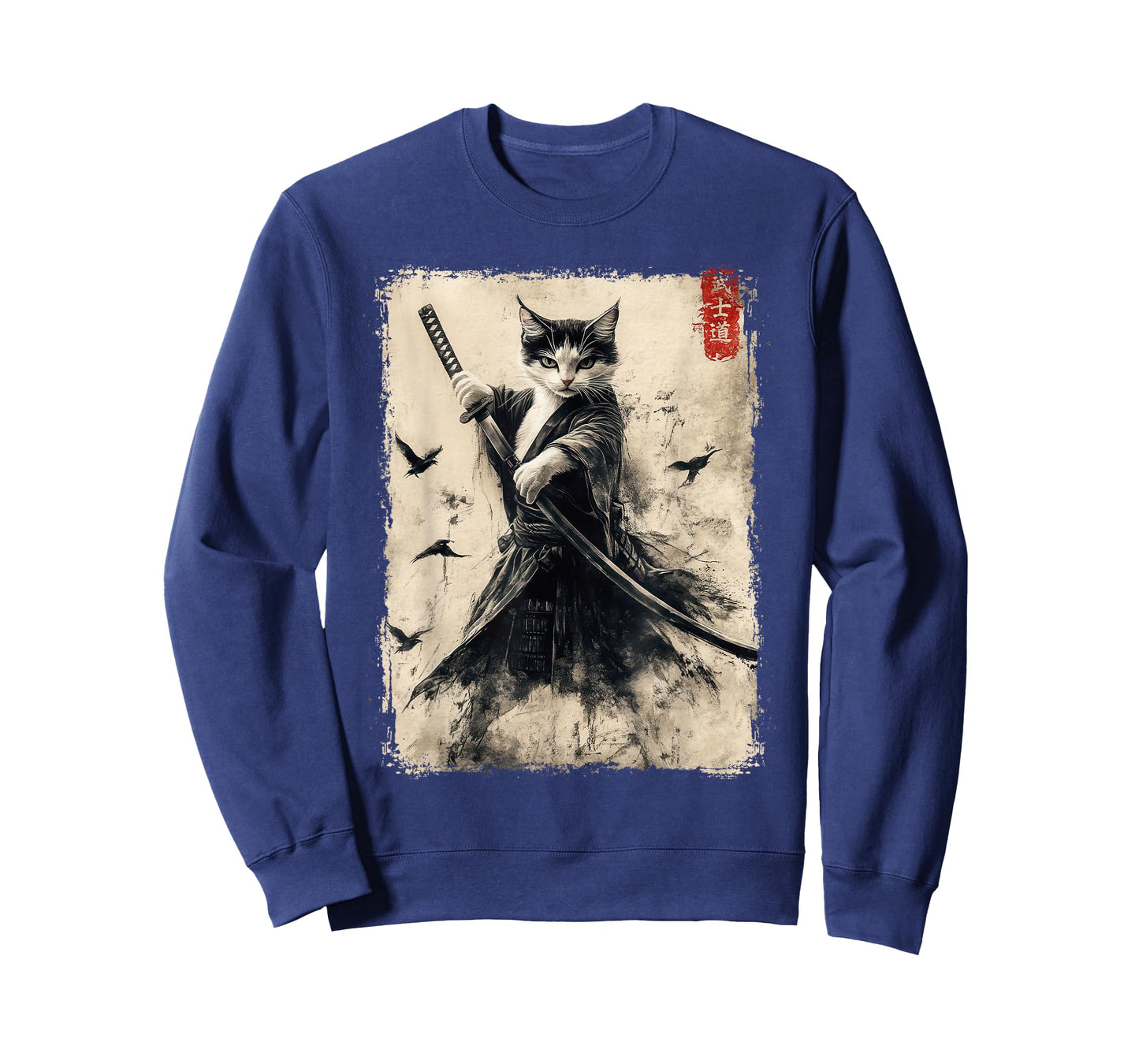 Samurai Cat Graphic Tee Warrior Vintage Japanese Art Anime T-Shirt