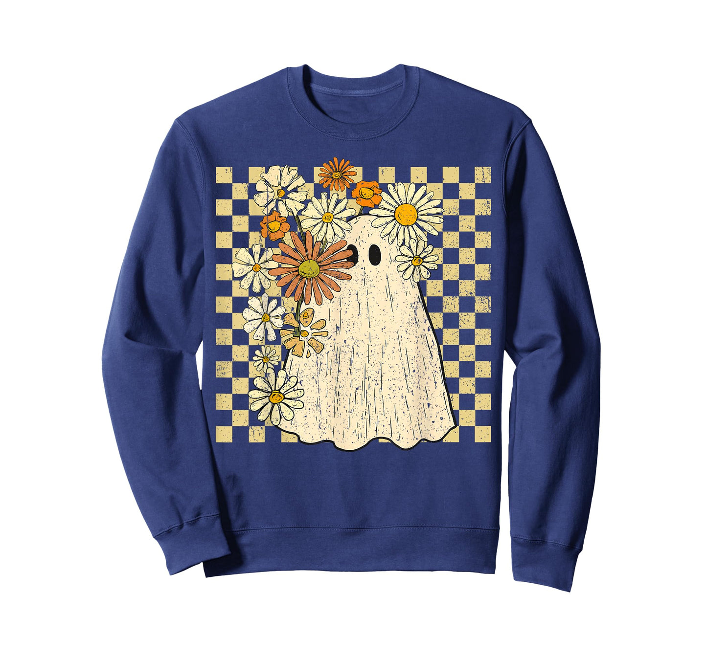 Retro Vintage Ghost Floral Checkered Halloween Womens Girls T-Shirt
