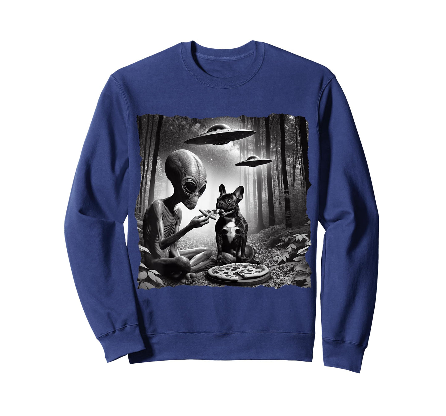 French Bulldog With Alien Eating Pizza. UFO French Bulldog T-Shirt