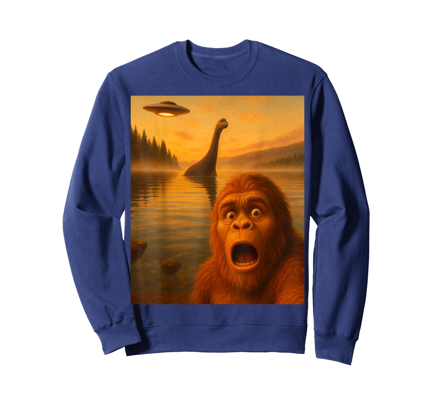 Bigfoot Selfie With Loch Ness UFO Alien Gifts Men Women Kids T-Shirt