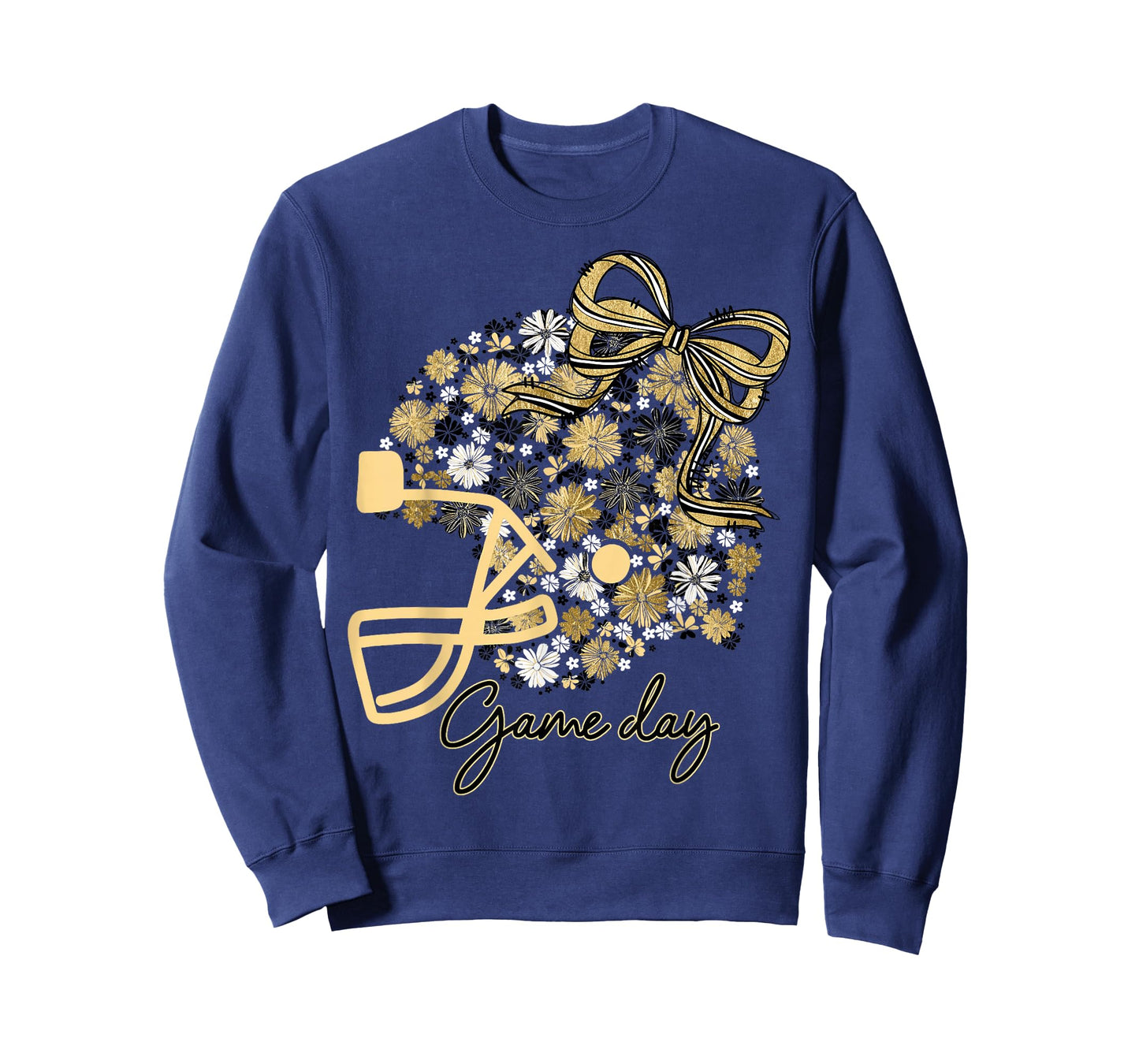 Floral Football Game Day Girly Bow Team Spirit Black & Gold T-Shirt