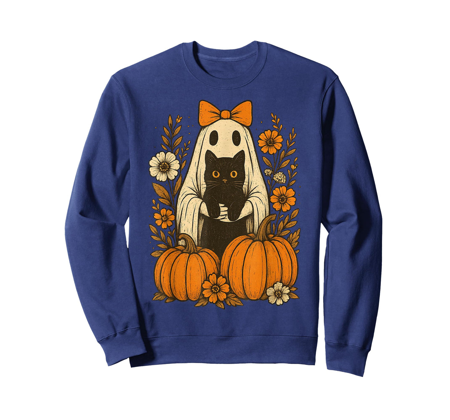 Vintage Halloween Ghost Holding Black Cat Groovy Floral T-Shirt