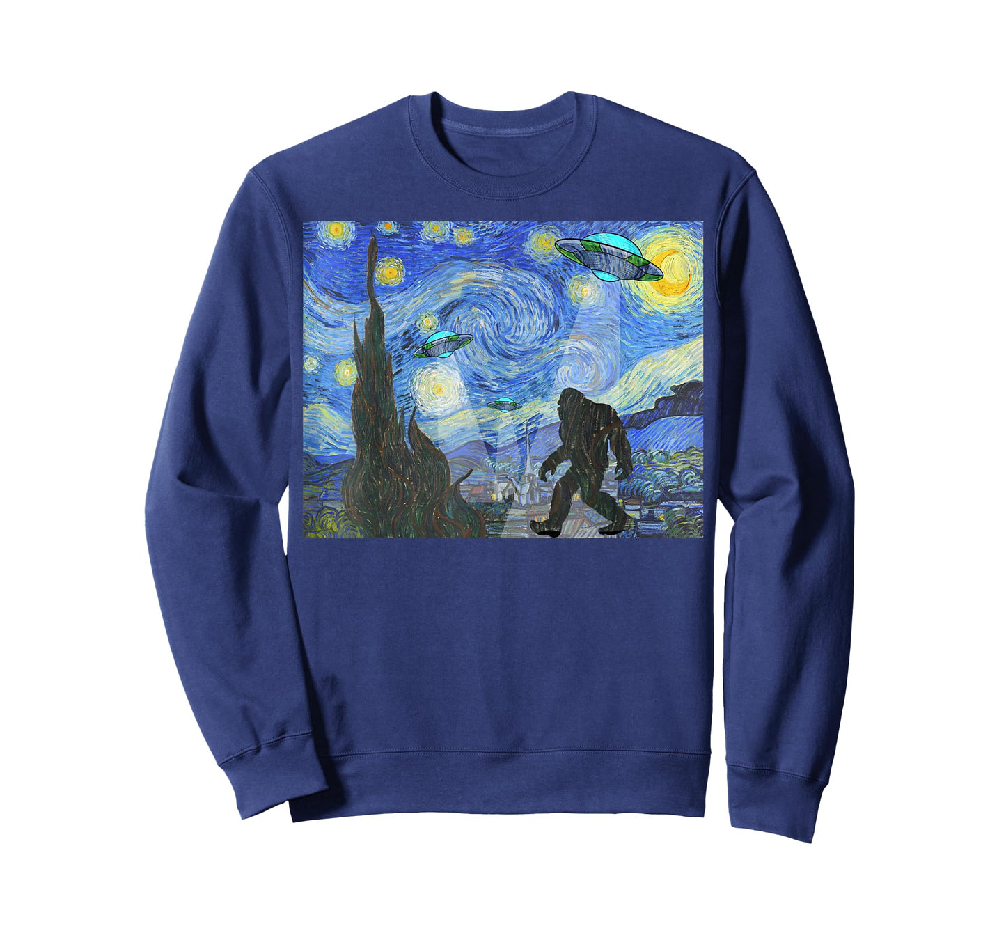 Starry Night Sasquatch And UFO Aliens Bigfoot Graphic T-Shirt