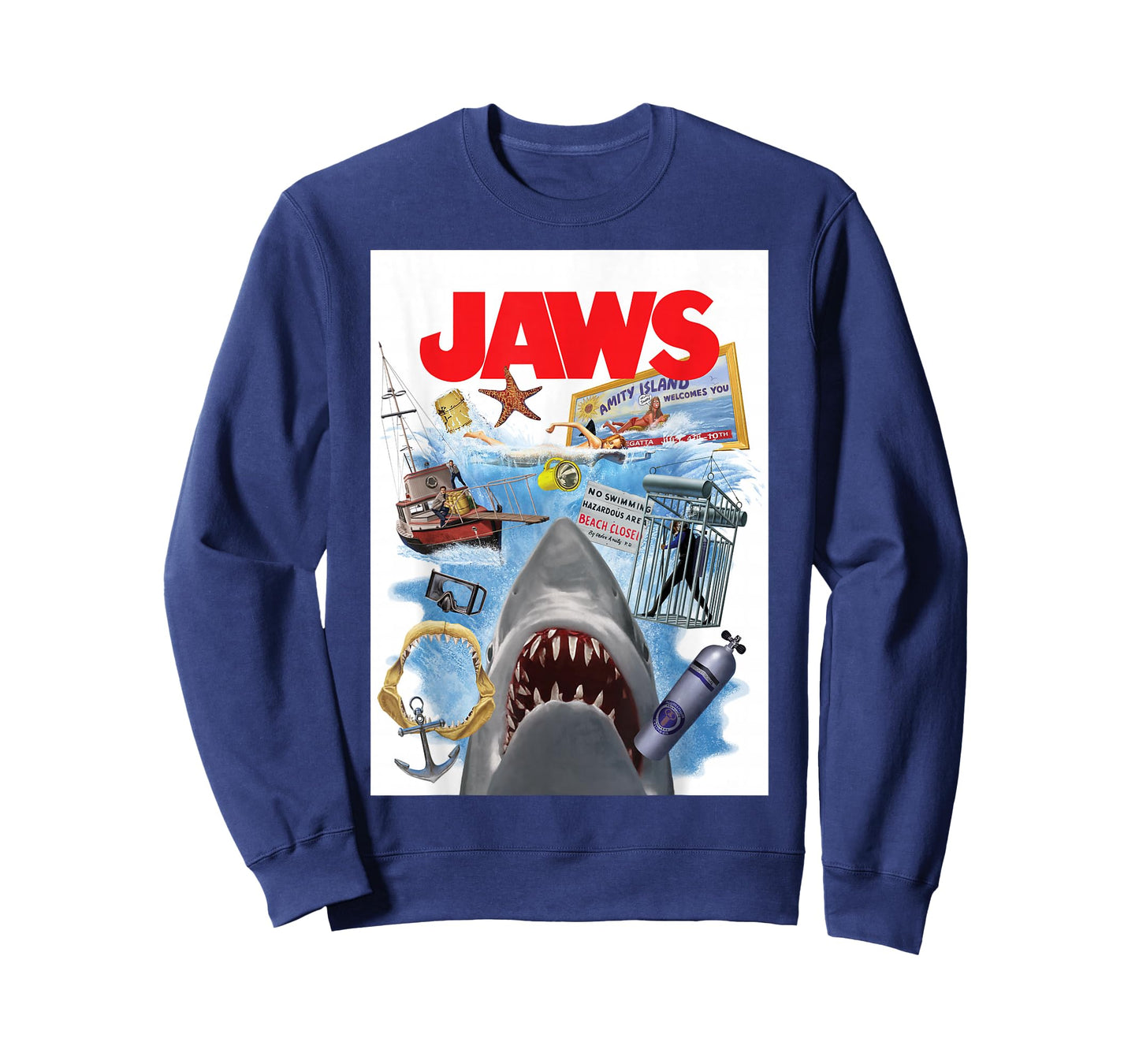 Jaws 50th Anniversary Poster Amity Island Collage 2-Sided T-Shirt