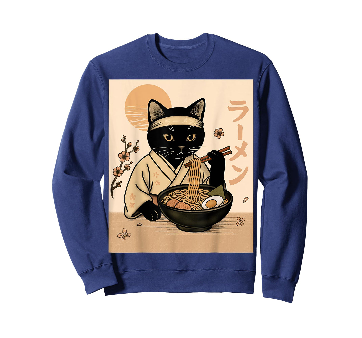 Samurai Cat Eating Ramen in Kimono Japanese Food Art T-Shirt