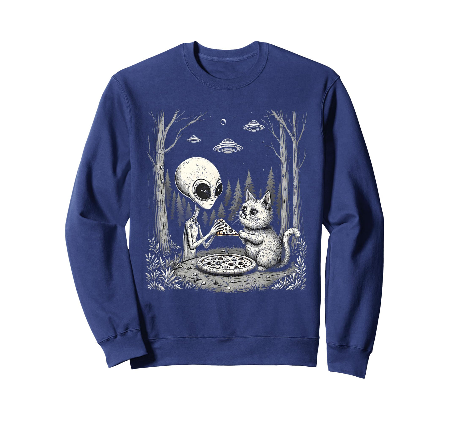 Alien And Cat Eating Pizza Funny Snack Food Men Women Kids T-Shirt