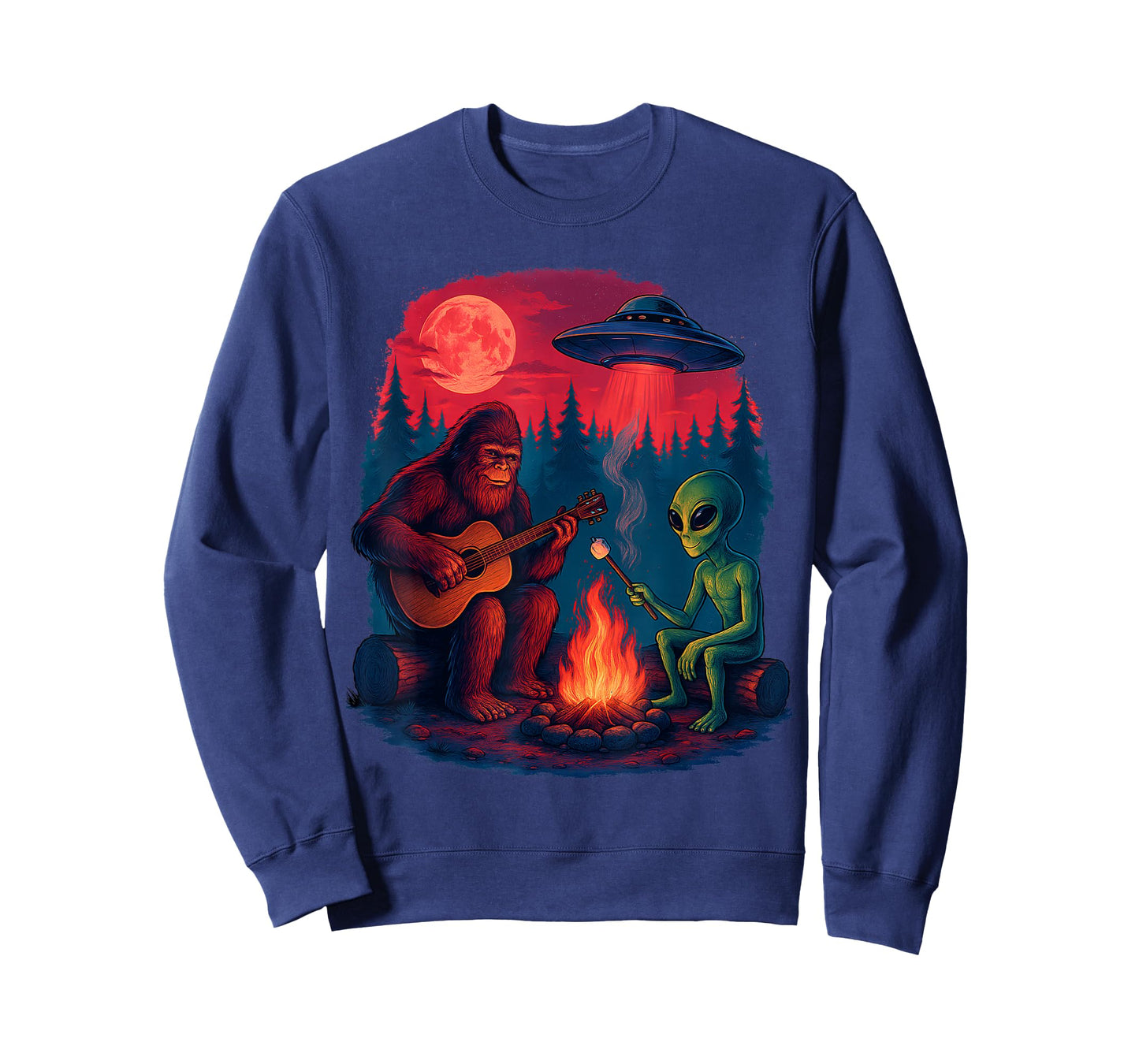 Alien Bigfoot Campfire Moon UFO Sasquatch Adventure Hiking T-Shirt