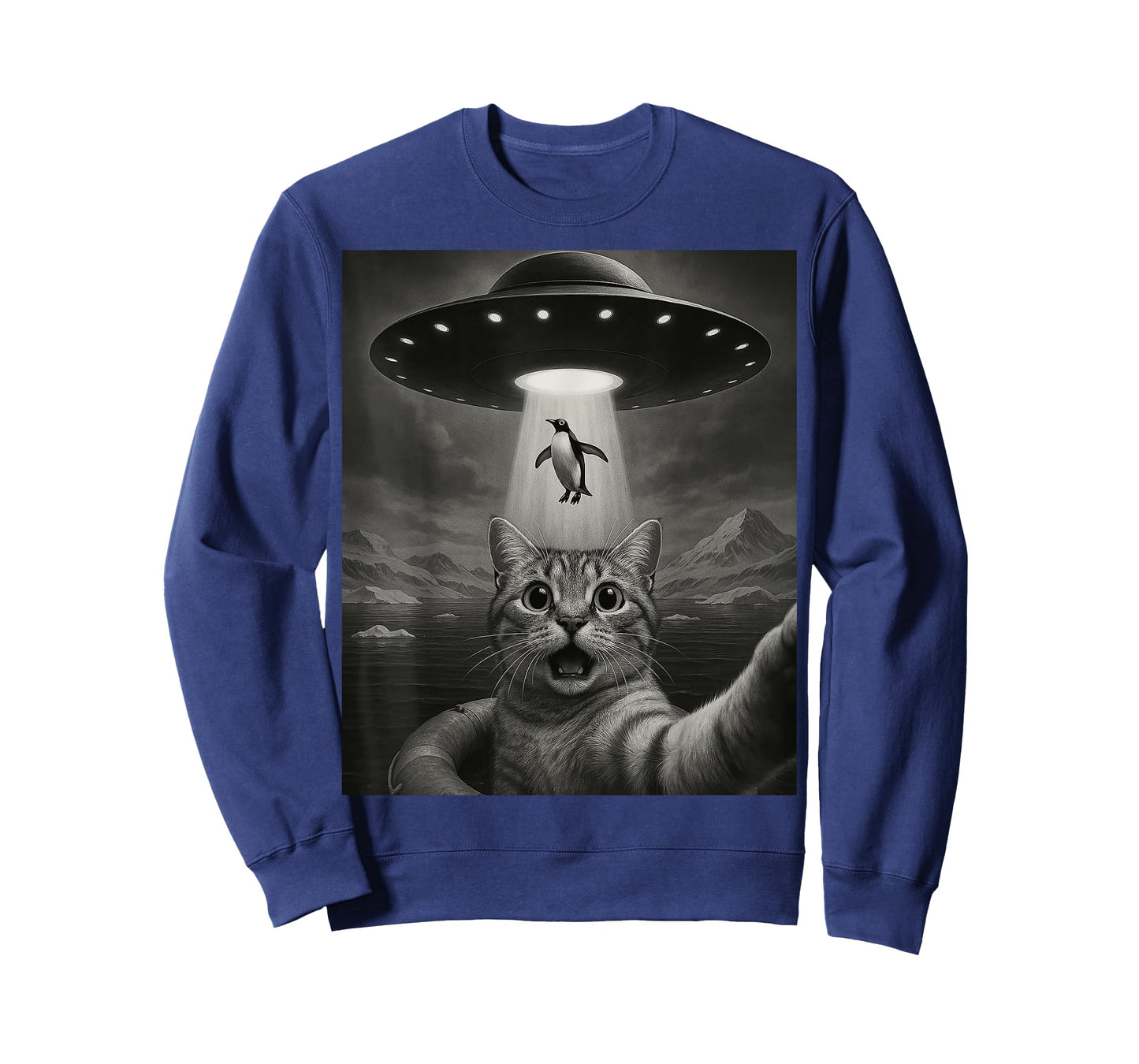 Cat Selfie Flying Alien UFO Abducting Penguin Funny Cryptid T-Shirt