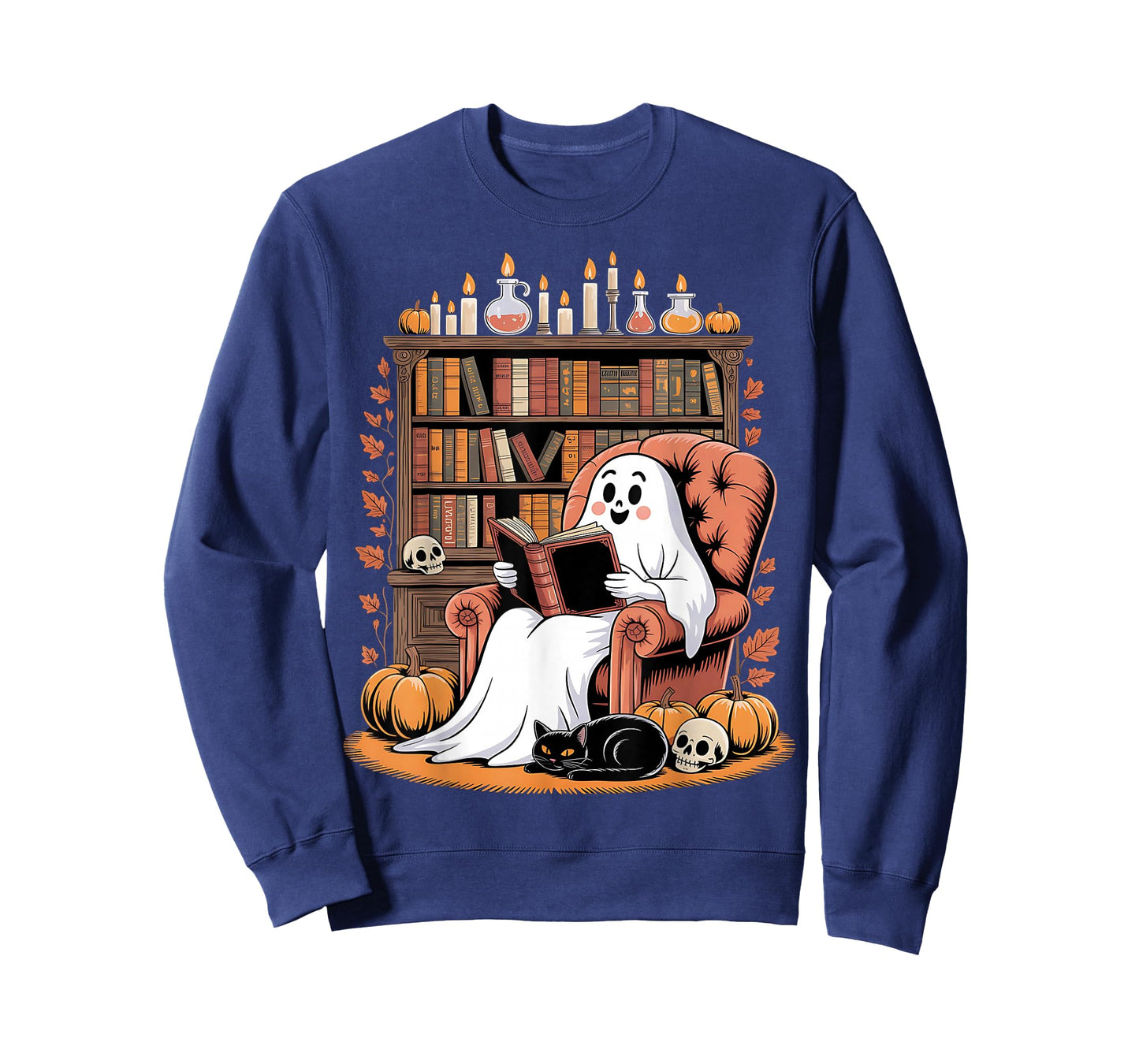 Retro Ghost Reading Books cat, Librarian Ghost Halloween T-Shirt