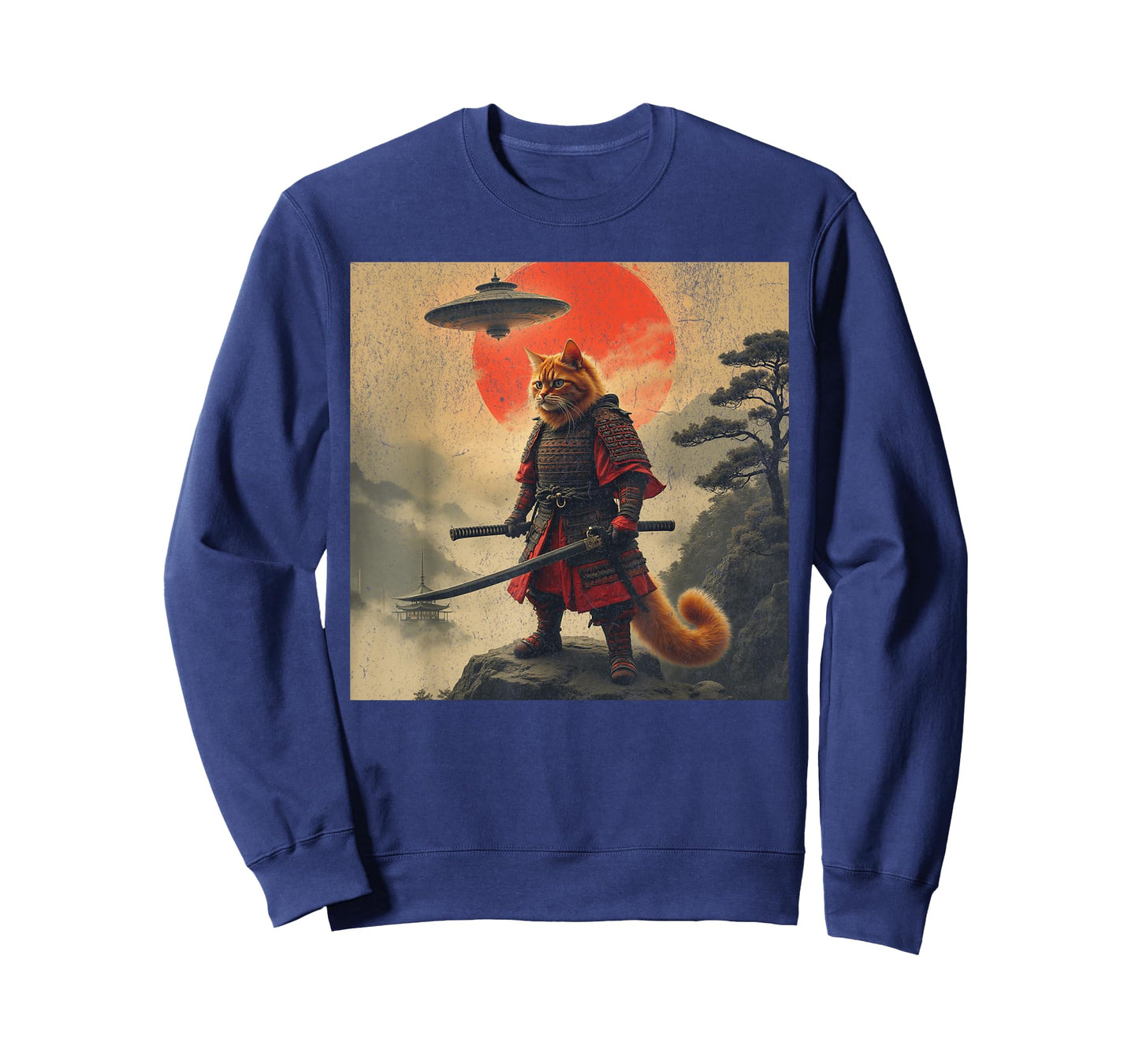 Samurai Orange Cat Warrior Japanese UFO Vintage Ukiyo-e Art T-Shirt