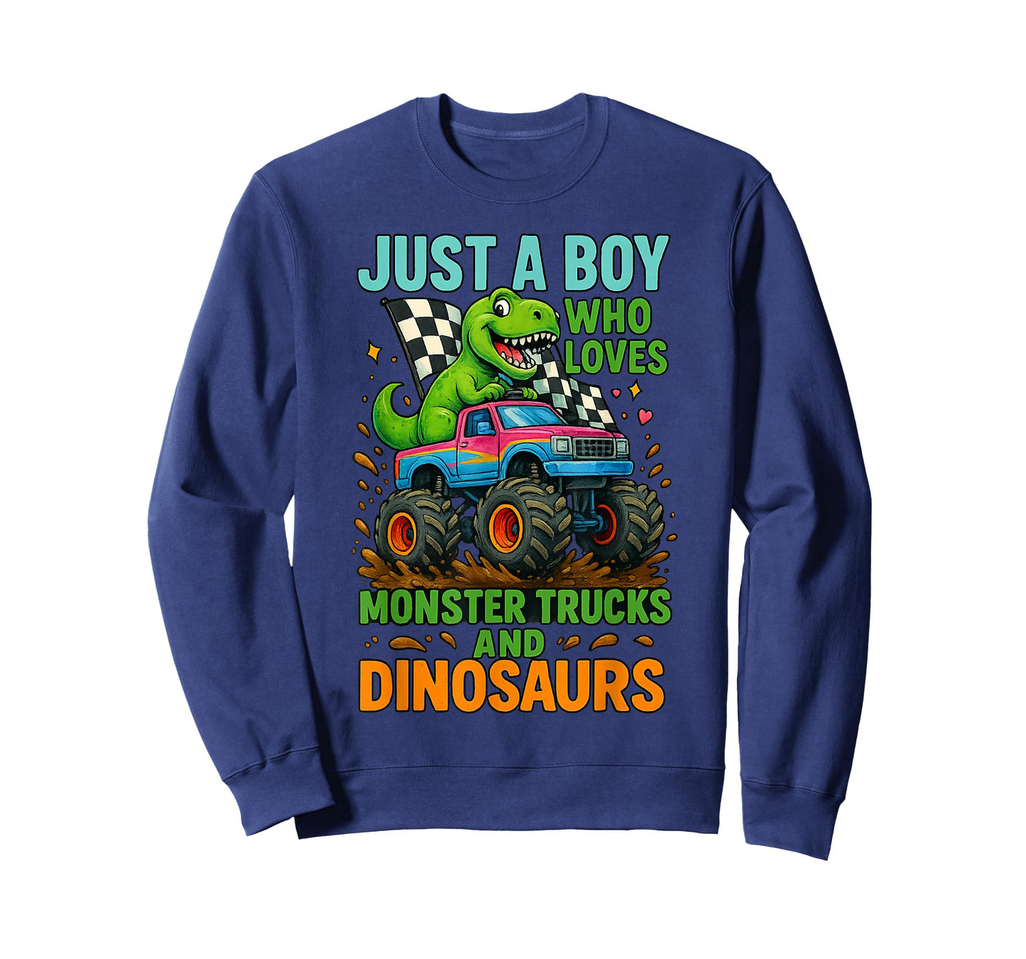 Just A Boy Who Loves Monster Trucks and Dinosaurs Cute T-Rex T-Shirt