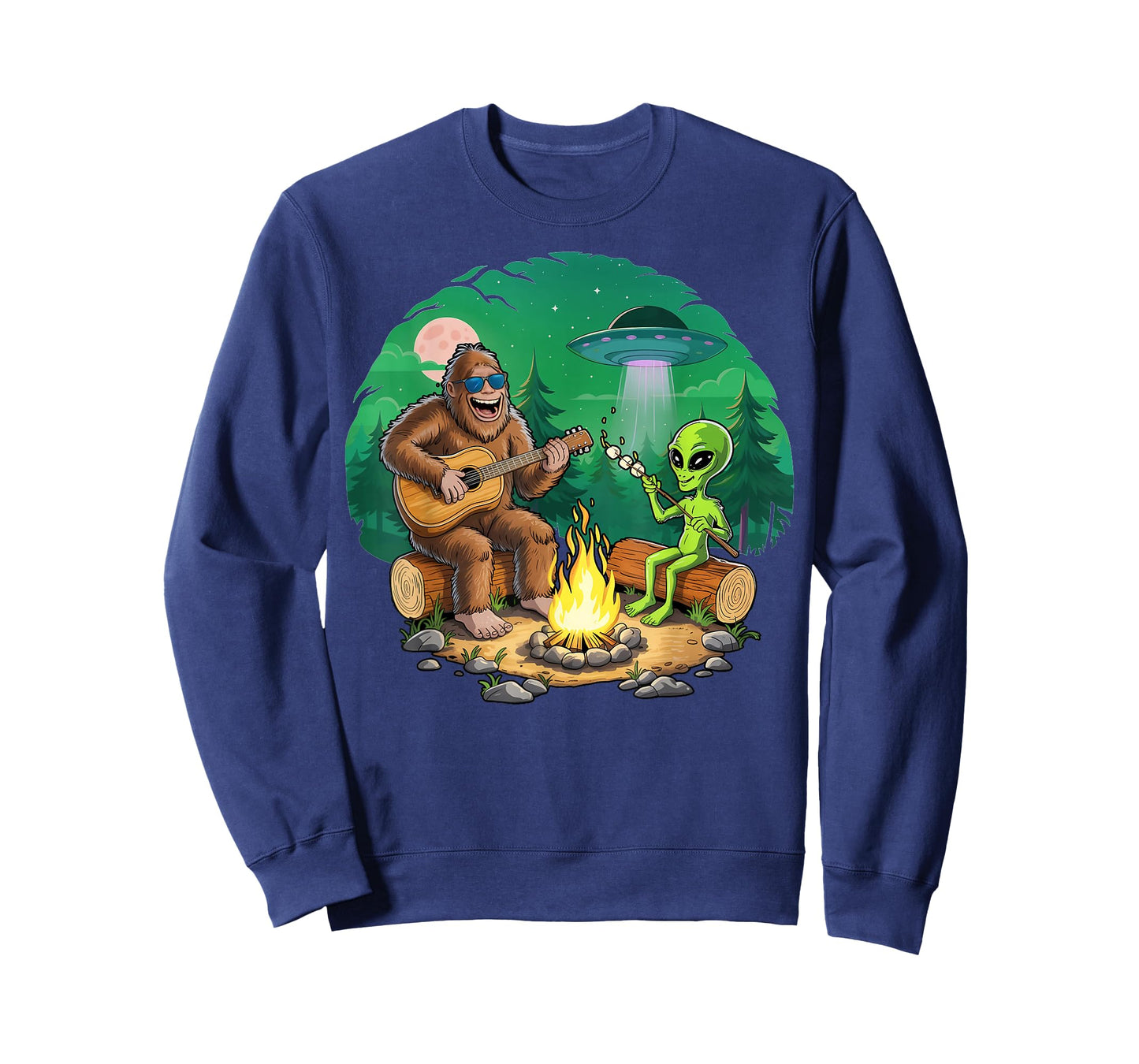 Funny Alien and Big Foot Campfire Moon Adventure Hiking T-Shirt
