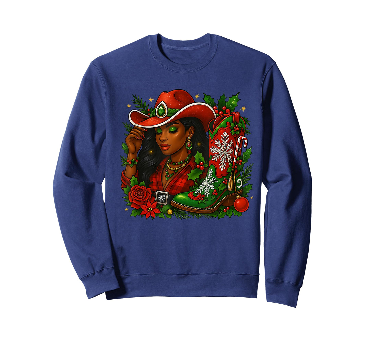 Black Melanin Cowgirl Christmas Boot Western Holiday T-Shirt