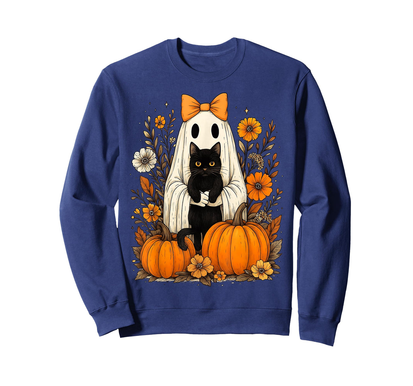 Vintage Halloween Ghost Holding Black Cat Groovy Floral T-Shirt