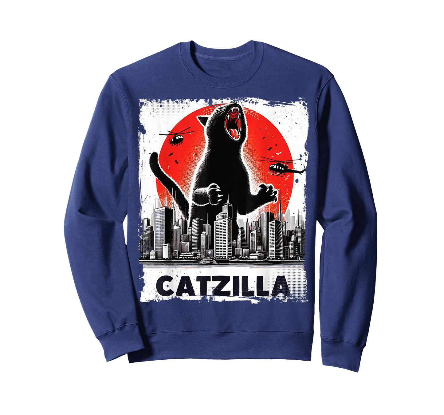 Catzilla Roaring Over City Skyline Cat Monster Kitten Kitty T-Shirt, Small, Black