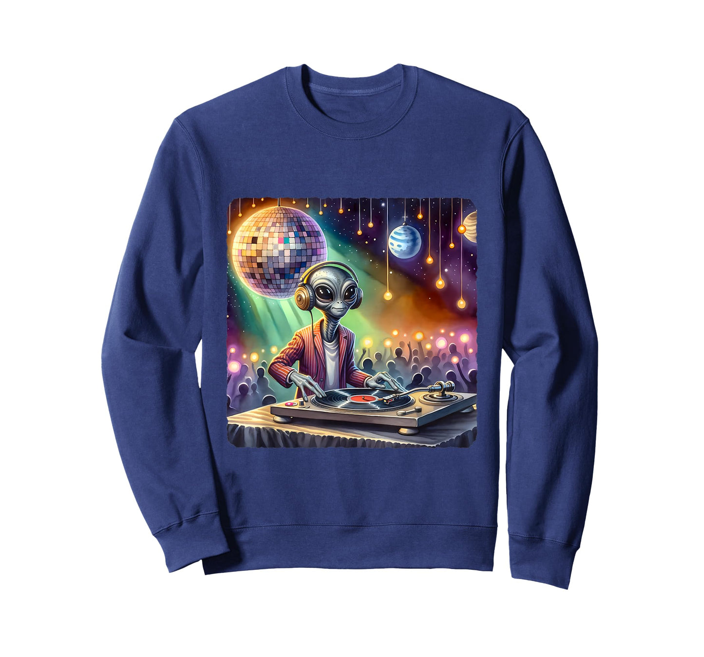 Alien Dj Under Mirror Ball Moon. Turntable Planets Lights T-Shirt