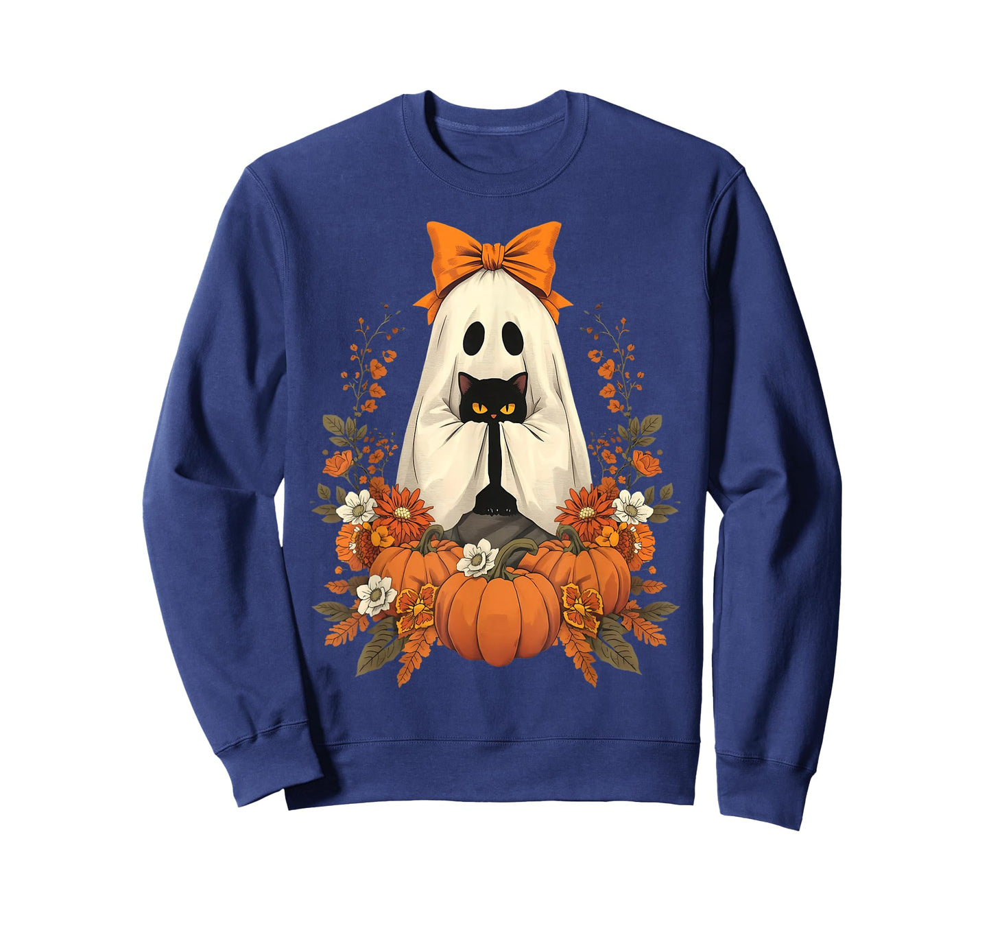 Vintage Halloween Ghost Holding Cat Groovy Floral Cat Meme T-Shirt