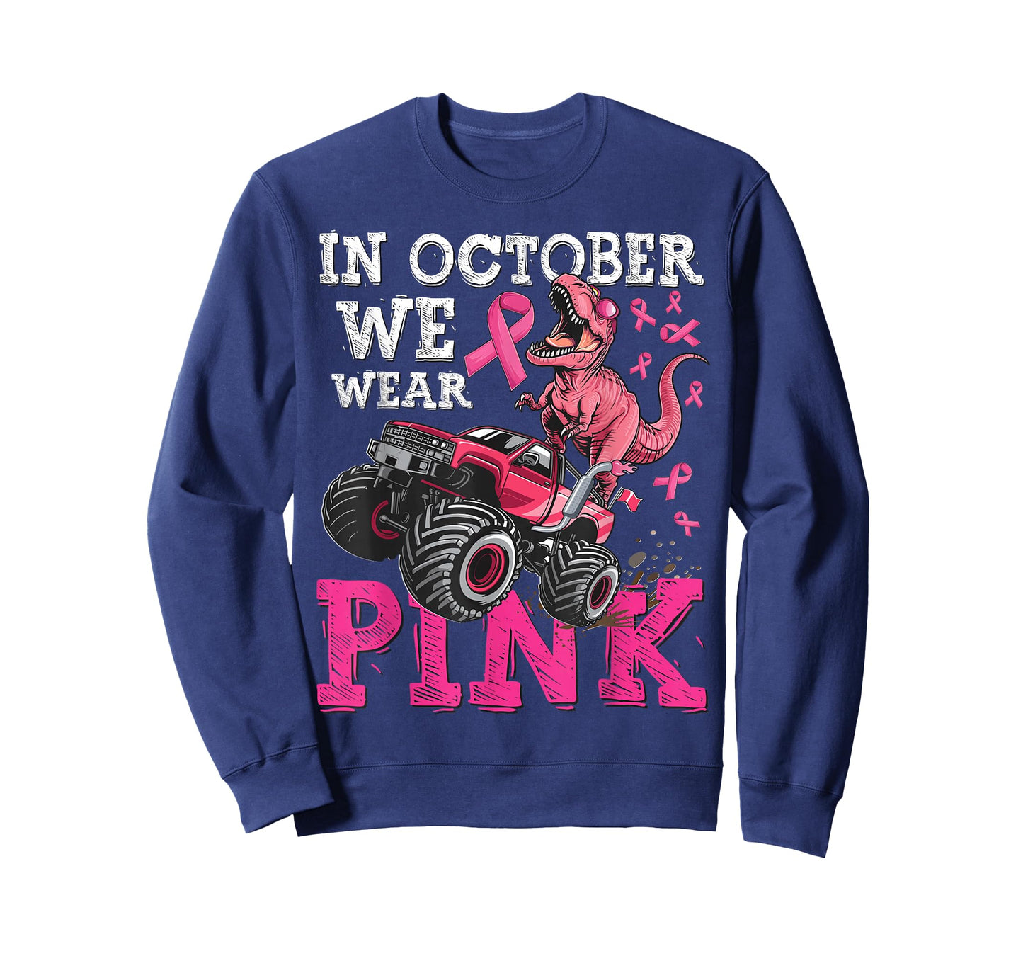In October We Wear Pink Breast Cancer Monster Truck Dinosaur T-Shirt