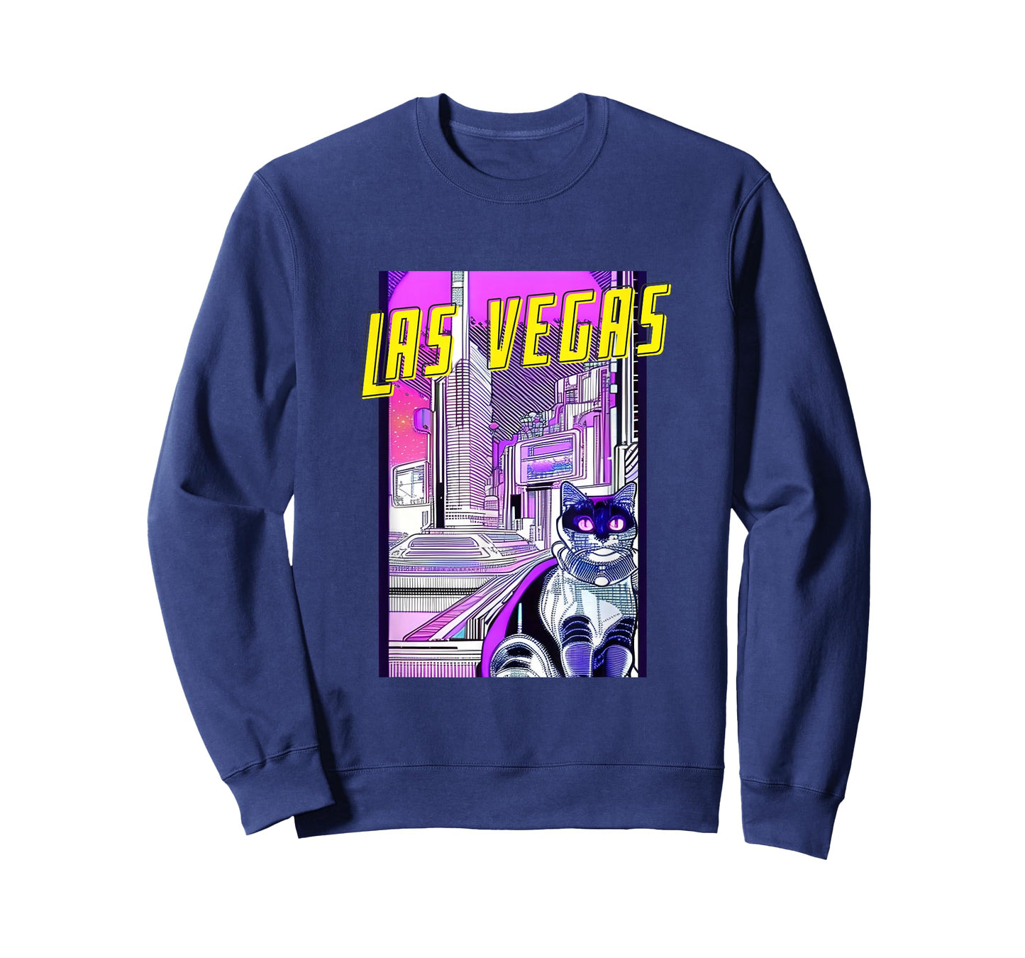 Las Vegas Cat Retro Anime Cityscape Nevada USA Vintage Funny T-Shirt