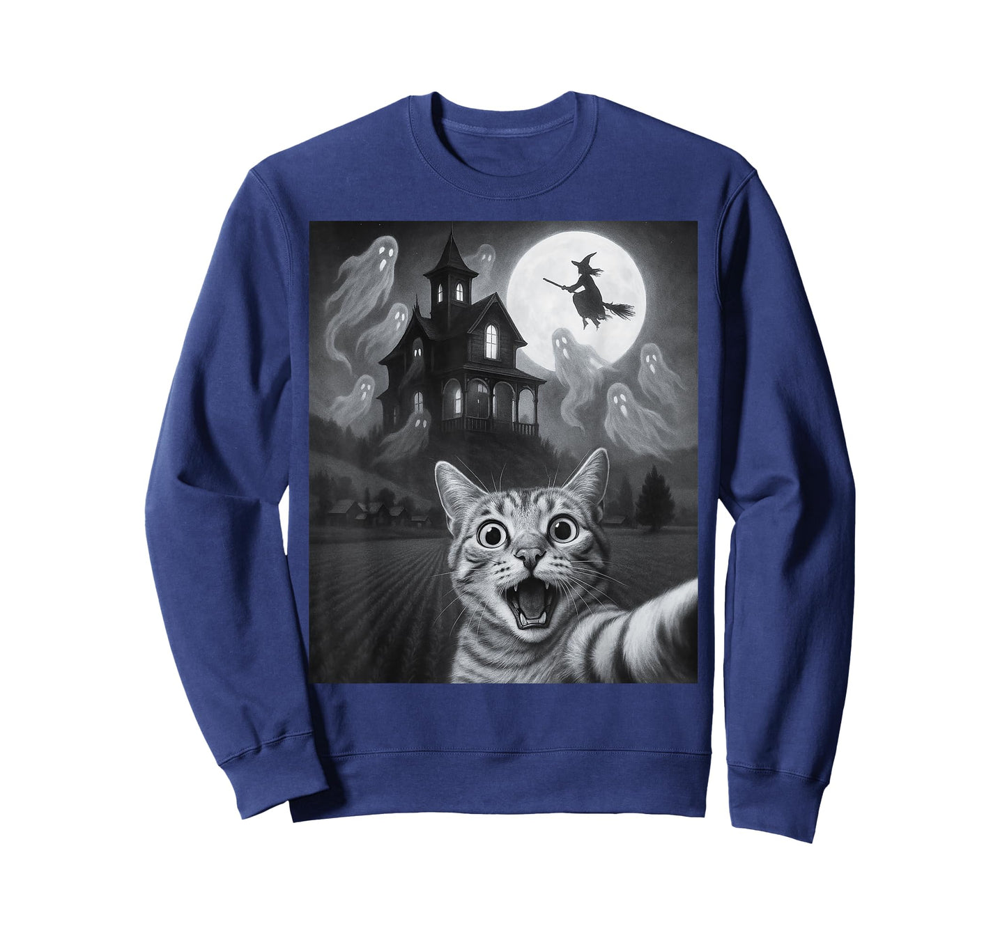 Halloween Cat Selfie With Scary House For Men Women Kids T-Shirt