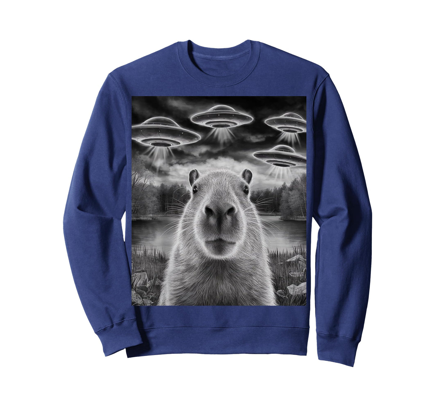 Funny Capybara Selfie with UFOs Weird Design Women Men T-Shirt